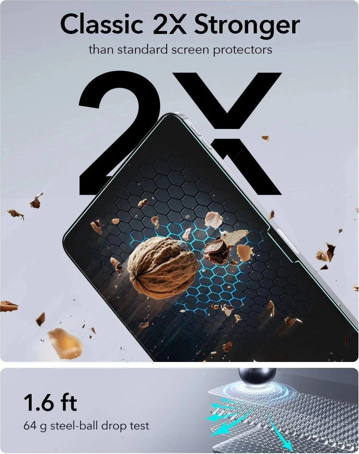 Ein Walnuss explodiert auf einem Displayschutz, 2X stärker.