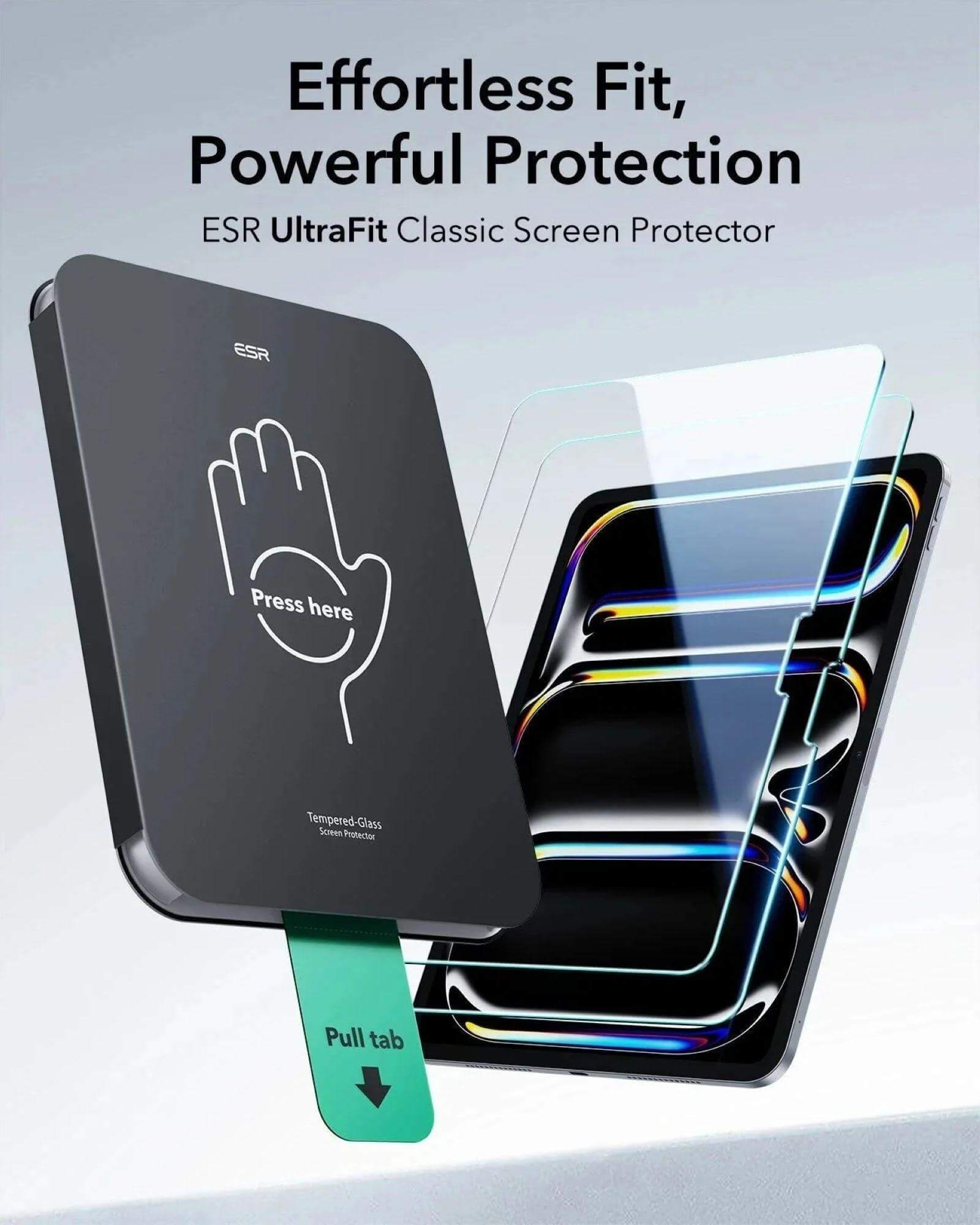 Ein schwarzer ESR-Applikator mit einem Handsymbol und „Press here“. Daneben ein Handy.