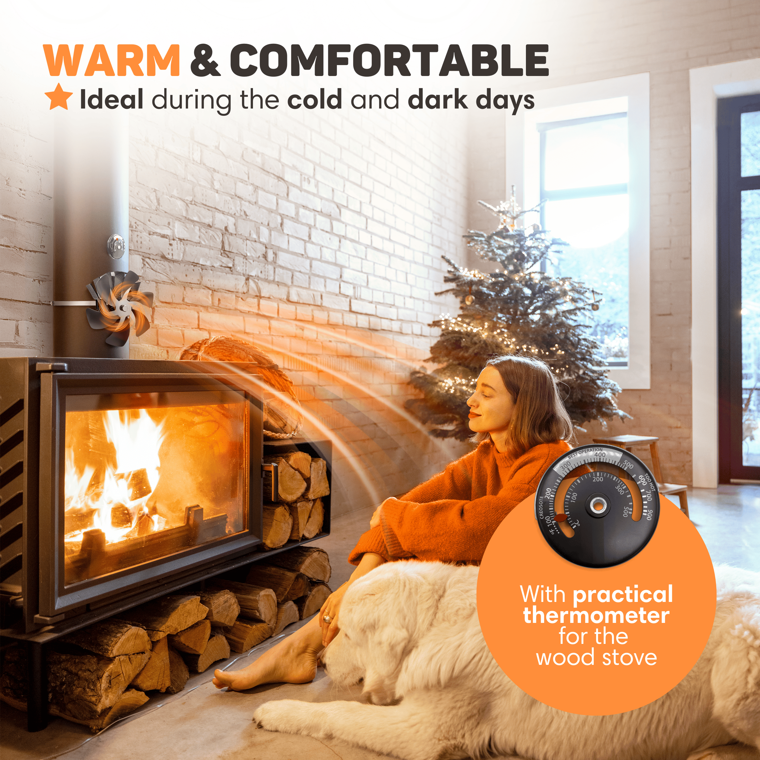 A burning wood stove with a woman, dog, and Christmas tree.