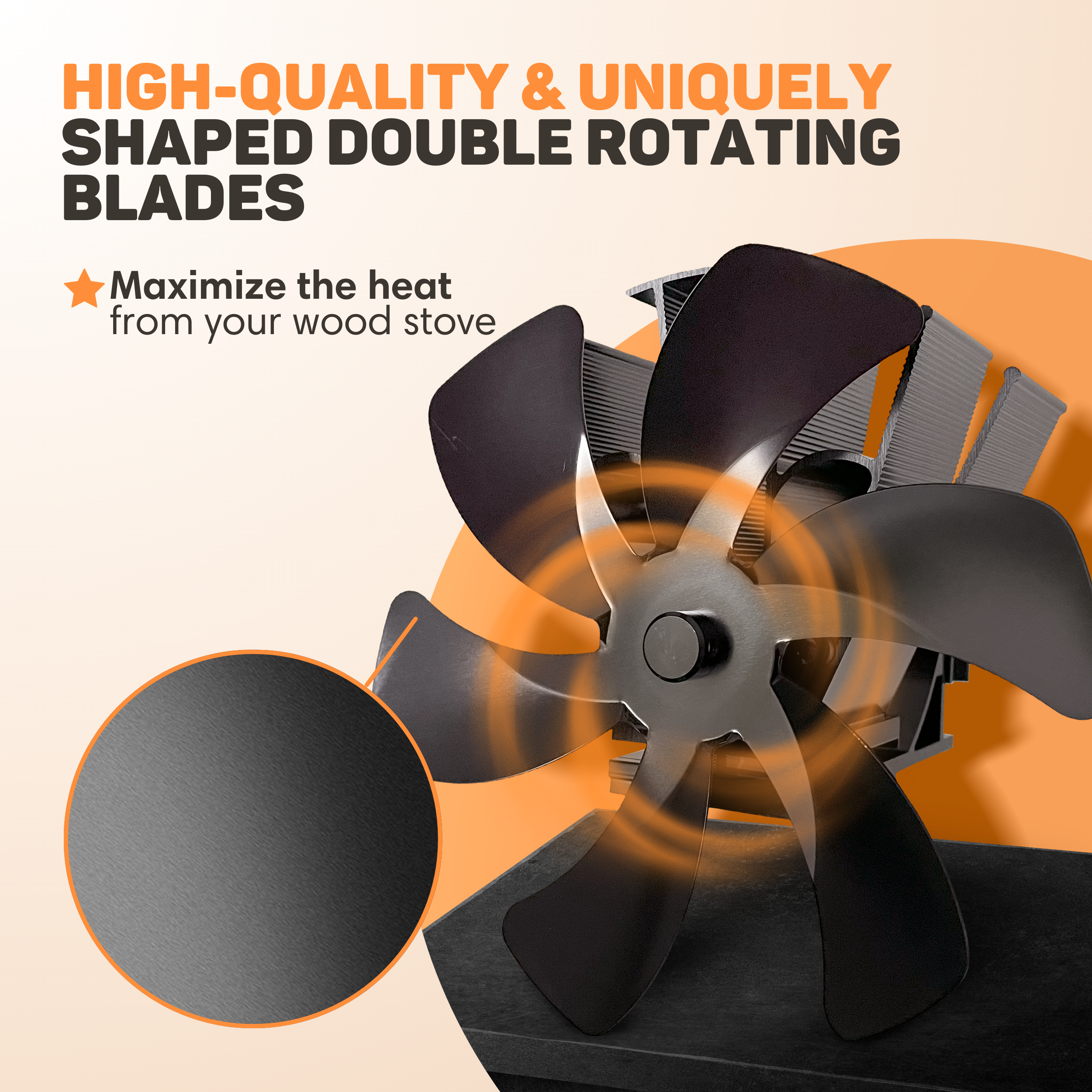 A black multi-bladed fan on a wood stove.