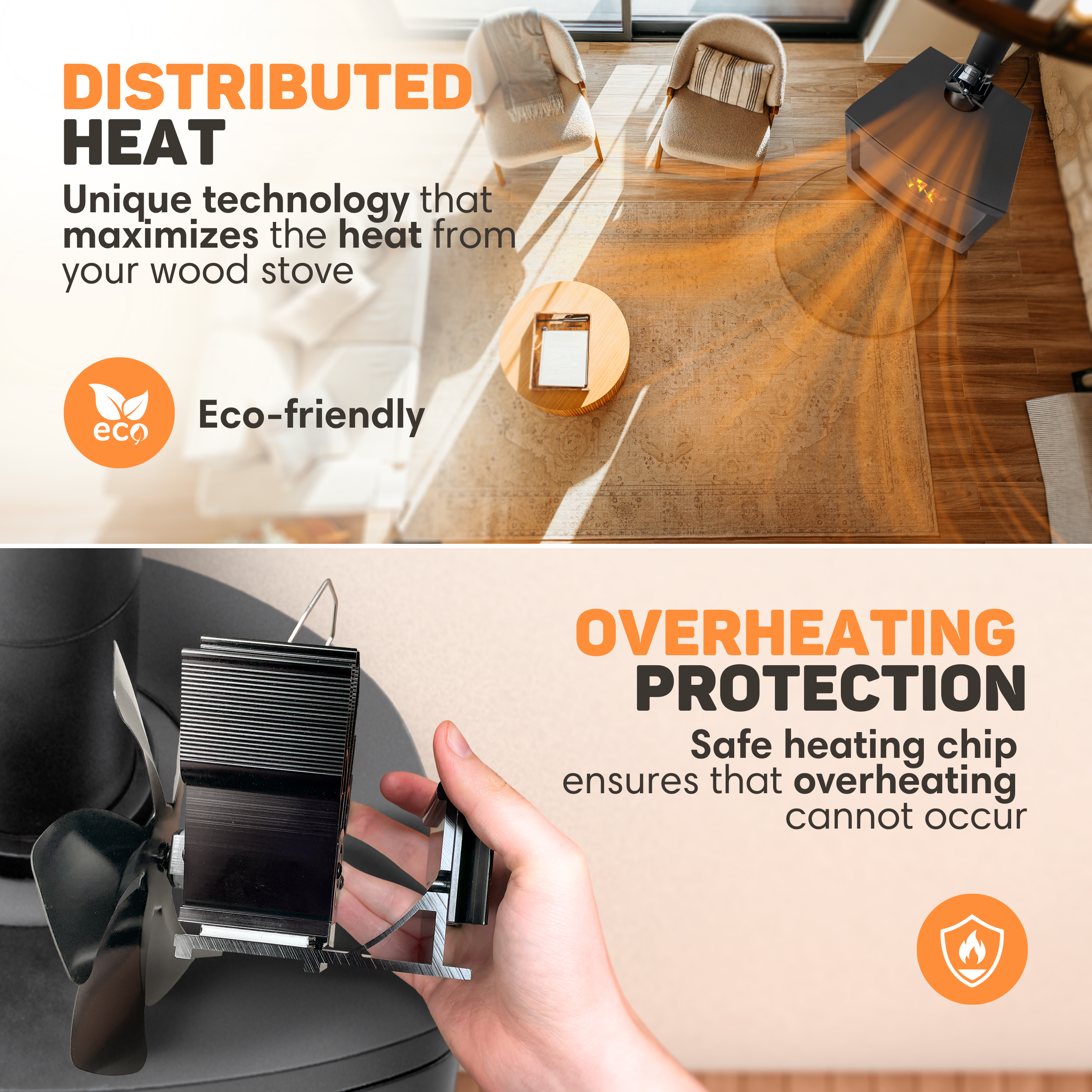 Wood stove fan distributes heat; overheating protection with chip.