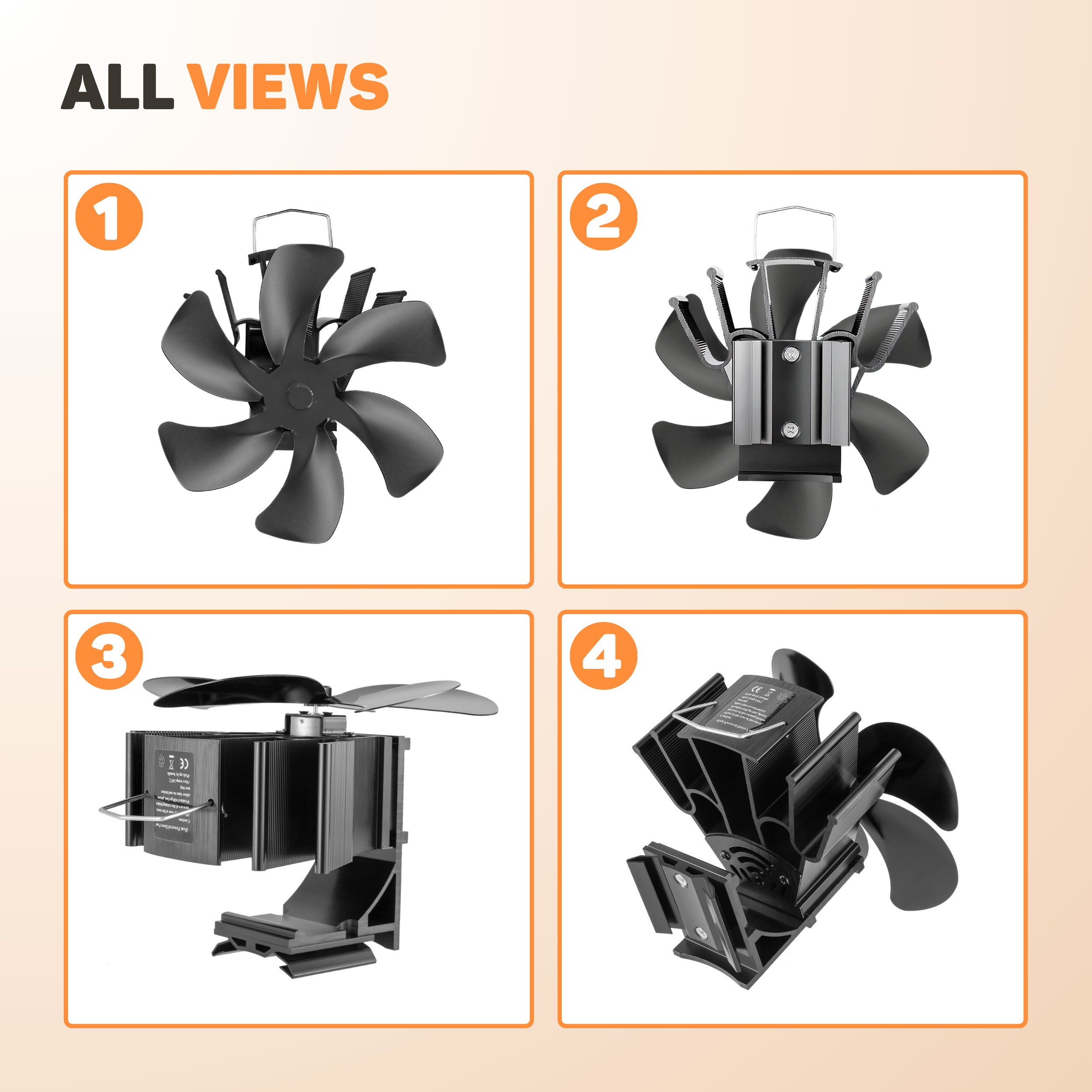 Black metal stove fan in four views, 6 blades.