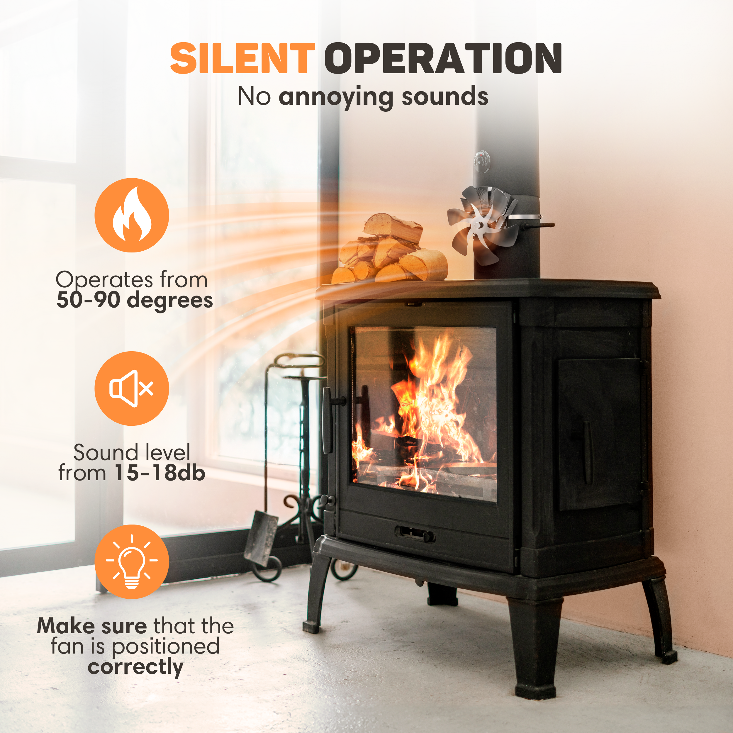 Wood stove with a fan, operates 50-90 degrees, sound level 15-18db.