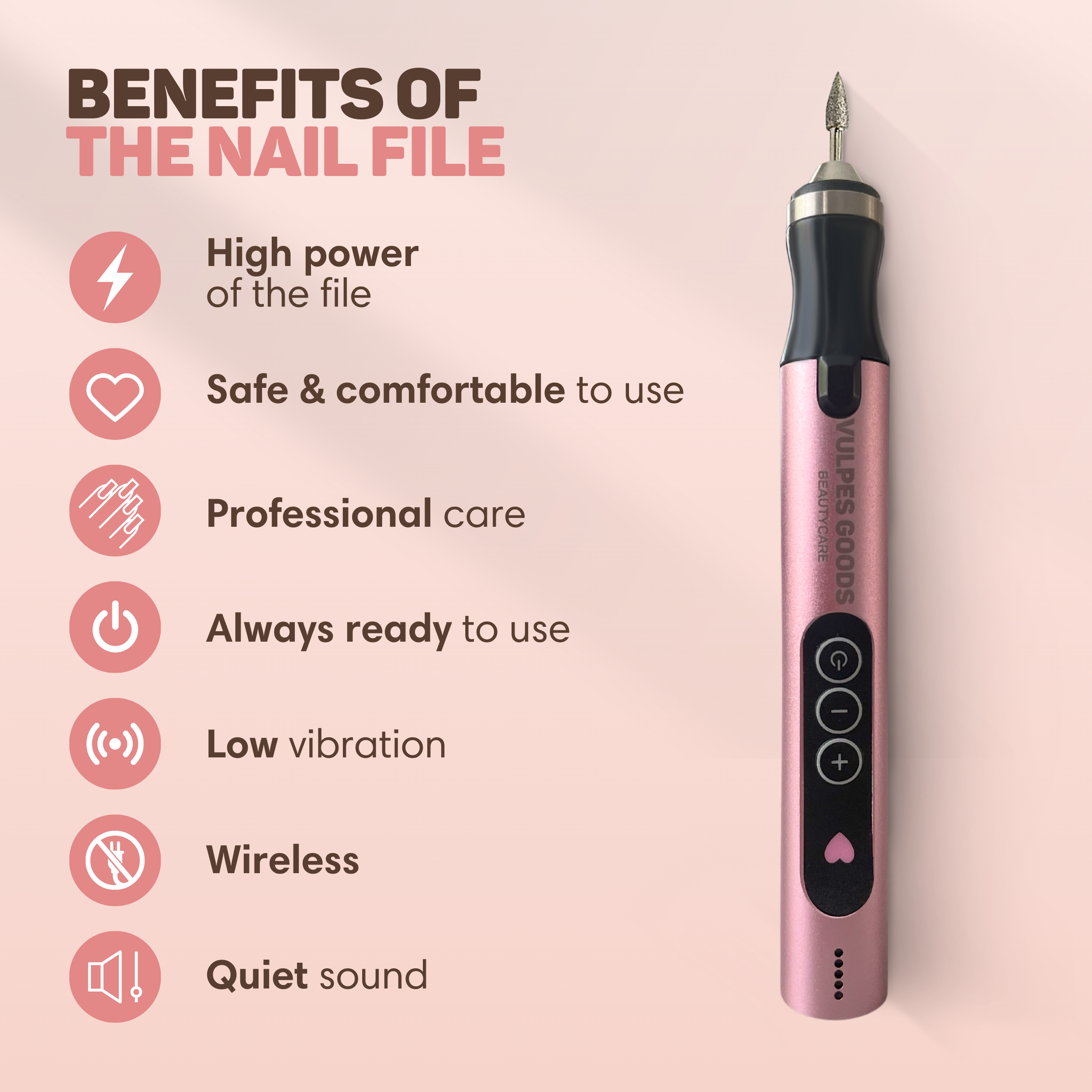 Rosa Nagelfeile mit Symbolen, die Vorteile zeigen: hohe Leistung, sicher, professionell, immer bereit, geringe Vibration, kabellos, leise.