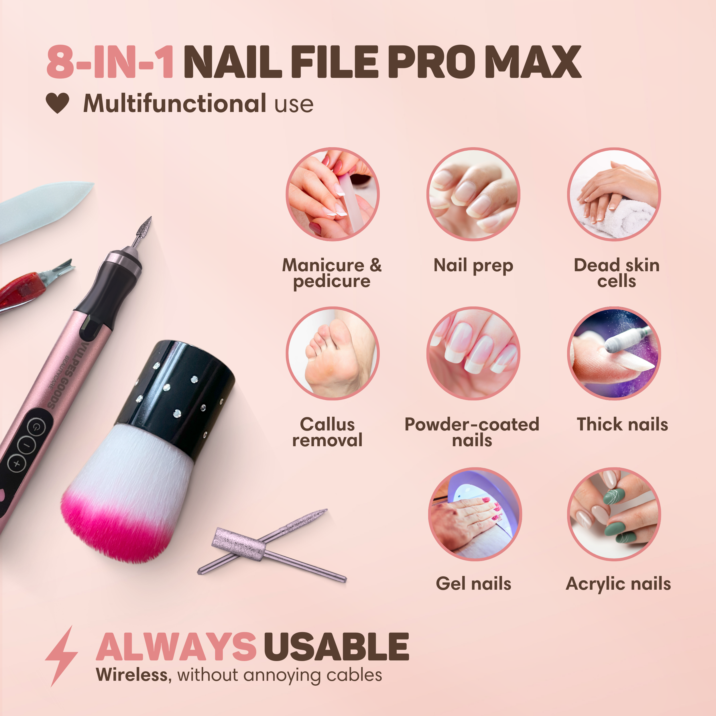 8-in-1-Nagelfeile mit Zubehör und Anwendungsbildern.