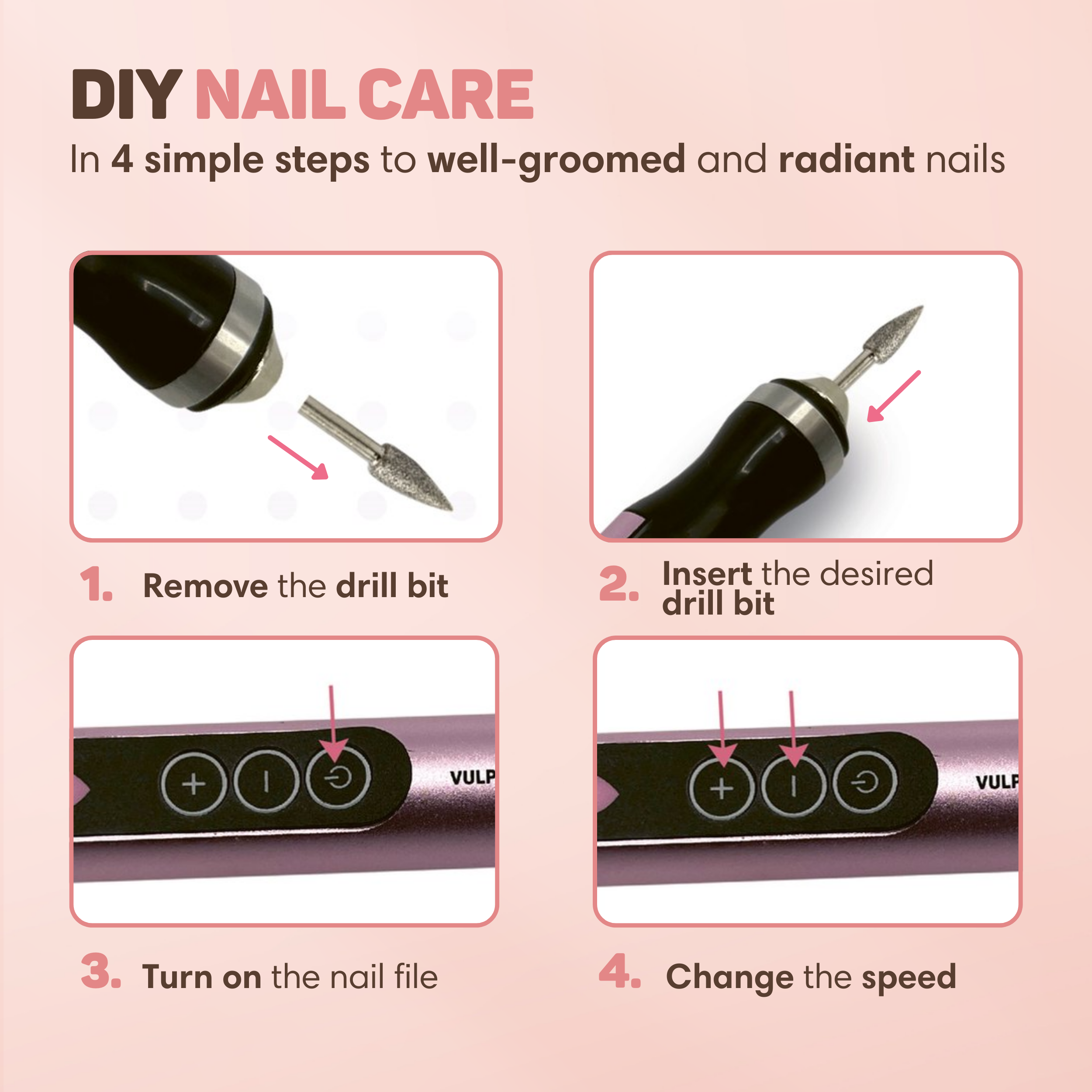 Schritt-für-Schritt-Anleitung für Nagelpflege: Bohrer entfernen, einsetzen, einschalten, Geschwindigkeit ändern.