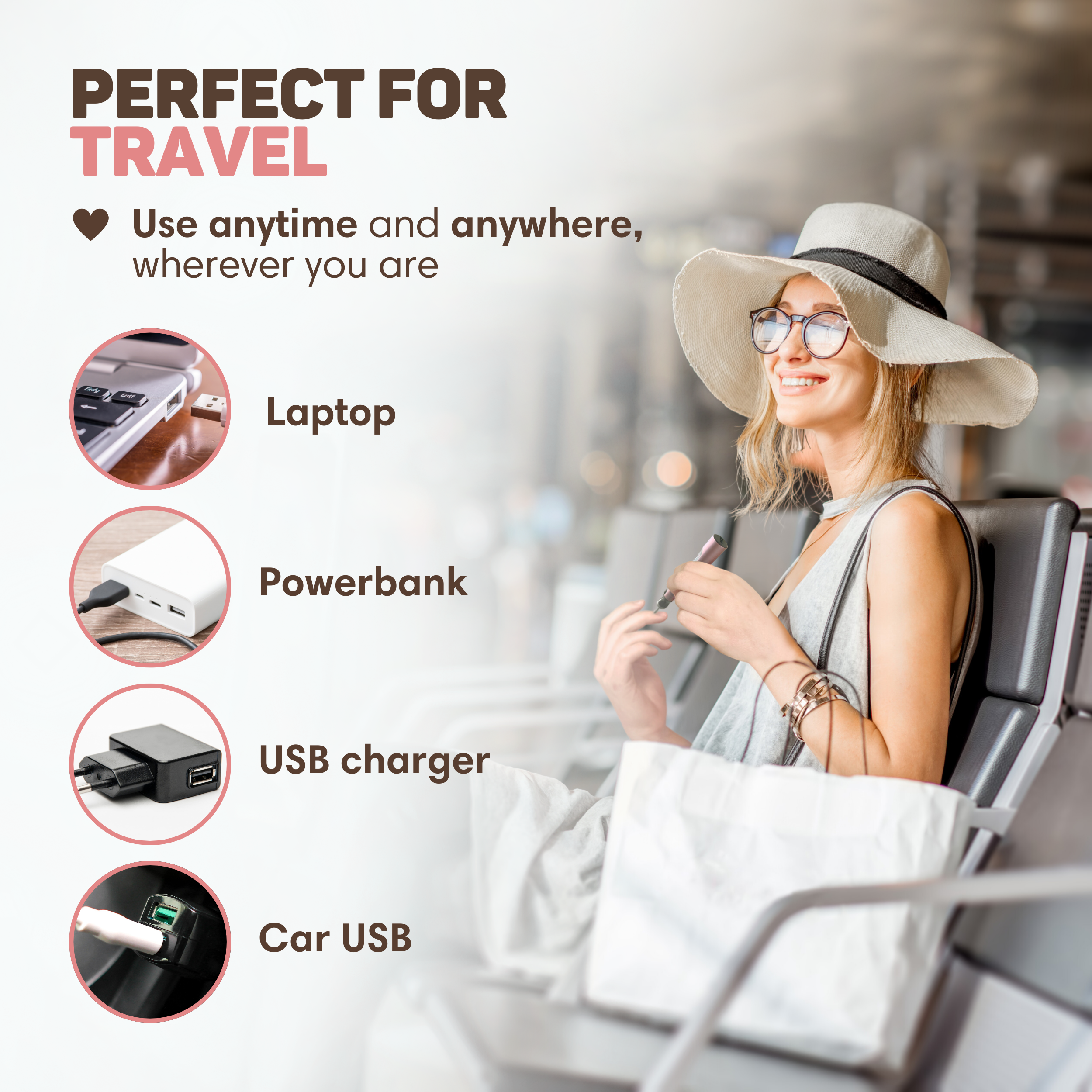 Reise-Zubehör: Laptop, Powerbank, USB-Ladegerät, Kfz-USB-Adapter.