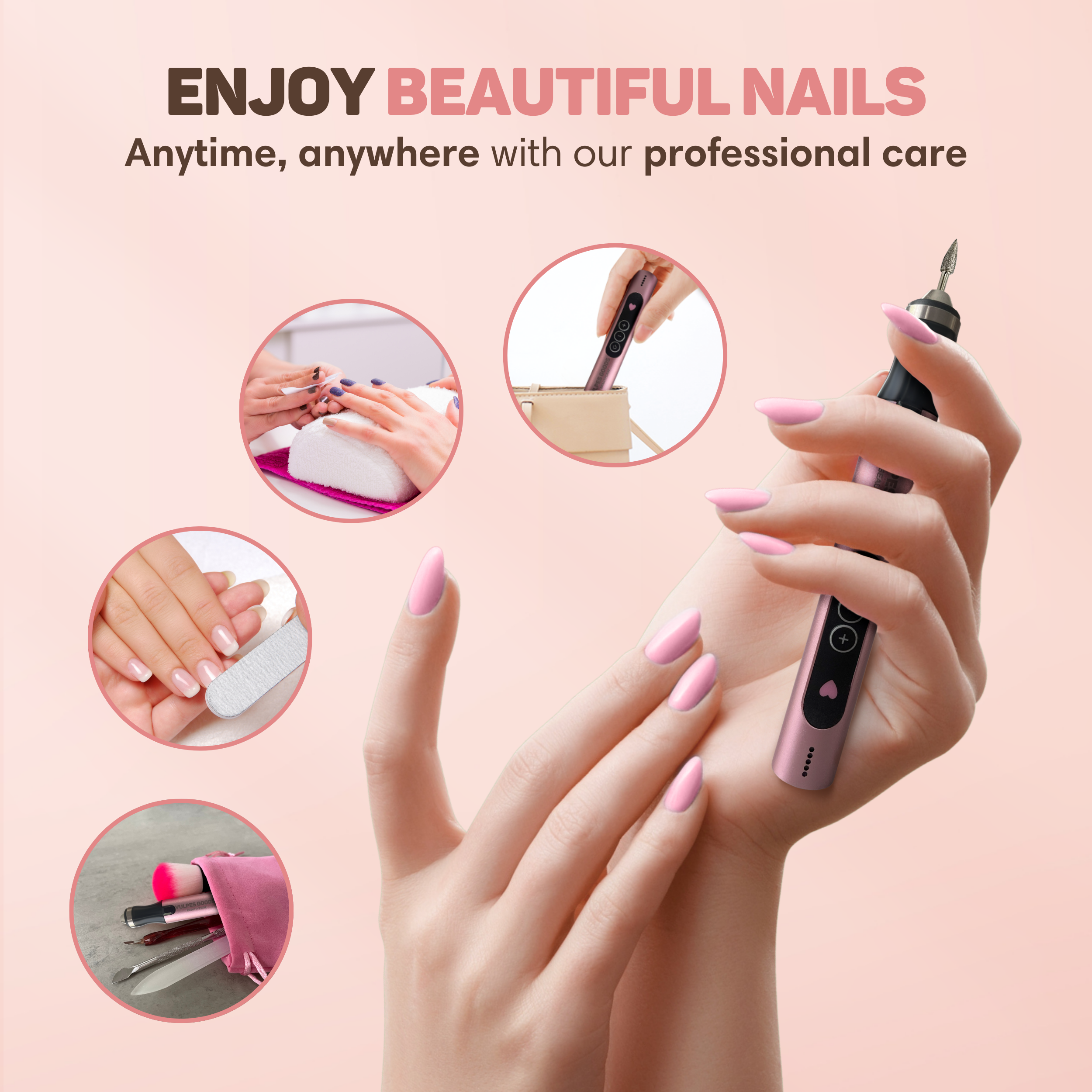 Eine Hand hält einen rosafarbenen Nagelpflegegriff mit Zubehör auf einer rosa Decke.