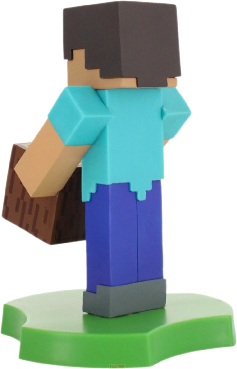 Minecraft-Figur mit braunem Block, steht auf grüner Basis.