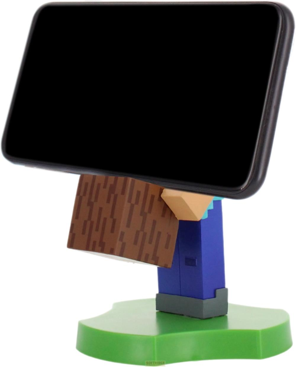 Ein Minecraft-Charakter-Ständer hält ein Smartphone. Der Ständer ist grün mit braunen und blauen Elementen.