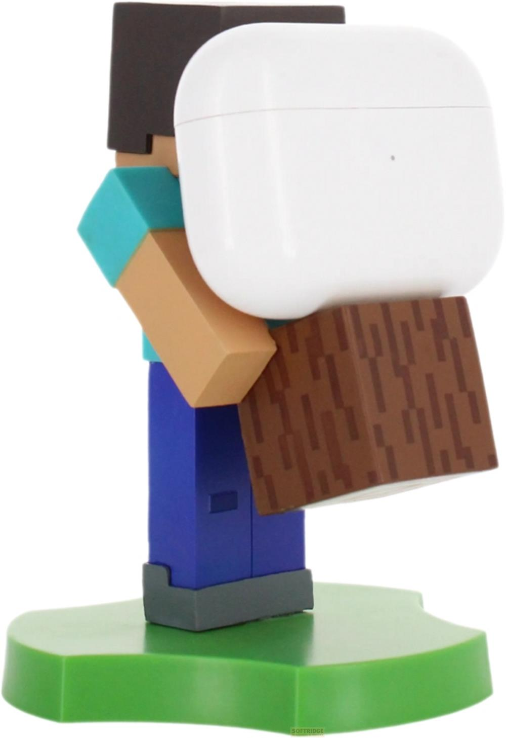 Steve aus Minecraft hält einen Holzblock mit einem weißen Kopfhörer-Etui.