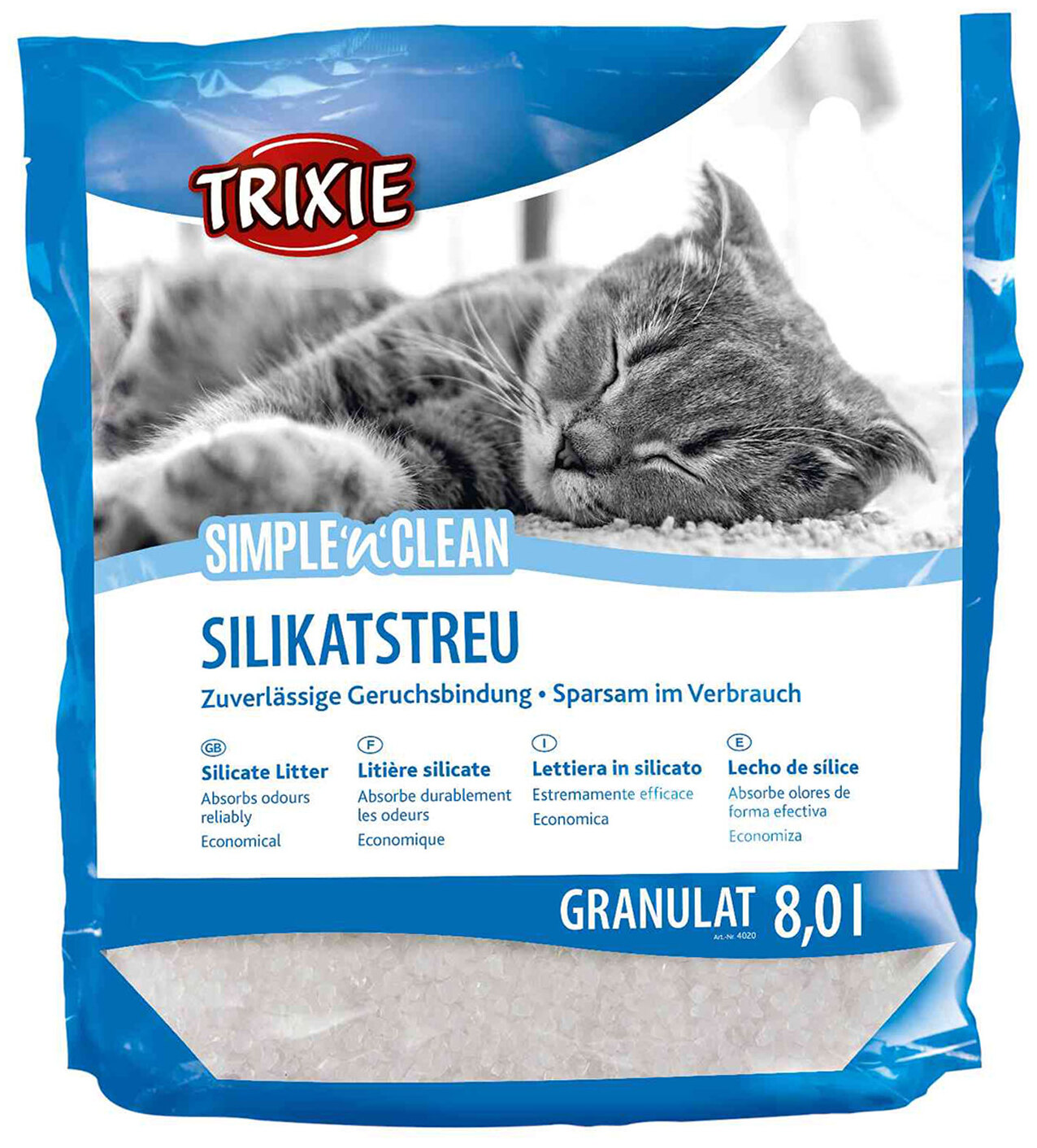 Un sacco di lettiera in silicato Trixie con un gatto addormentato. Granuli 8,0l.