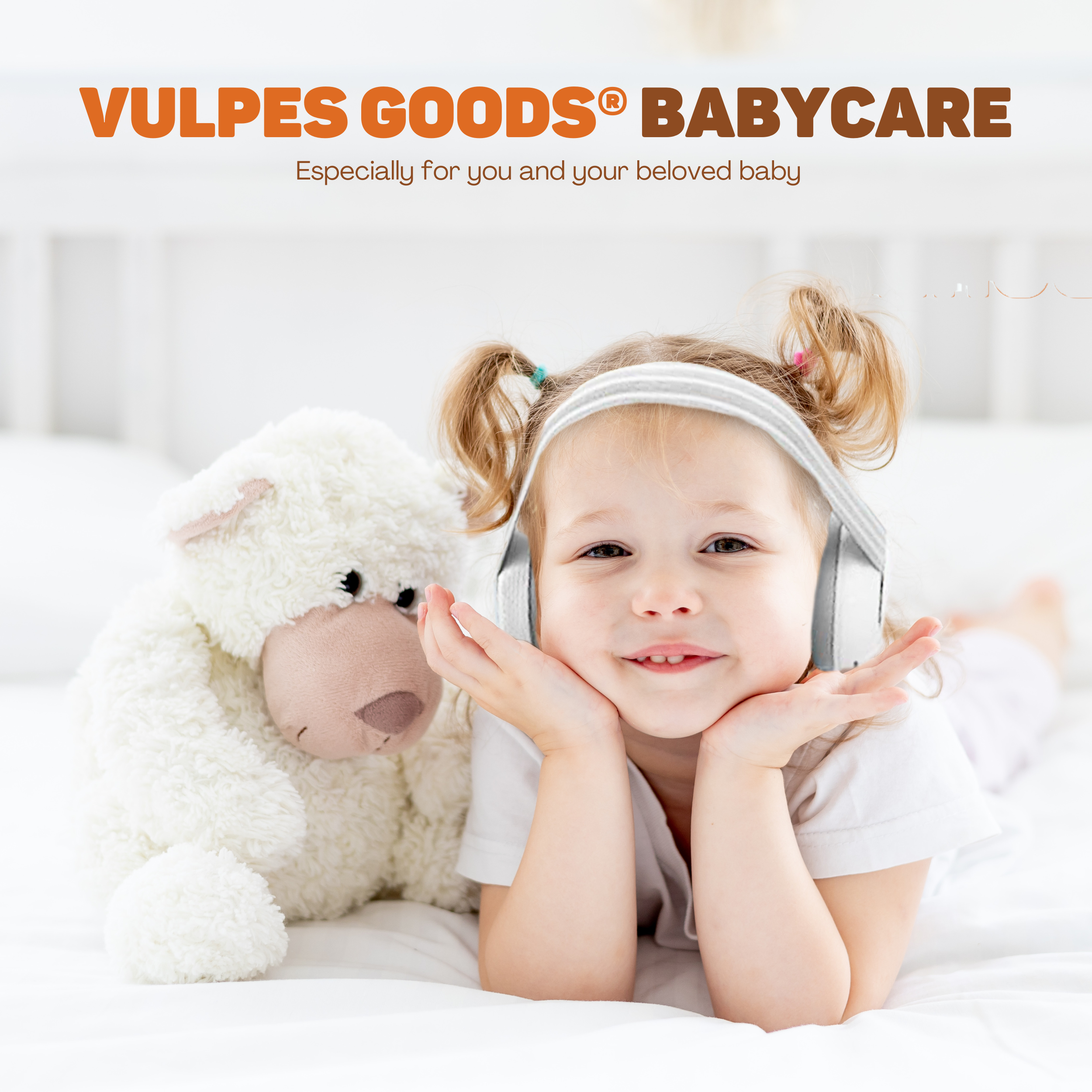 Ein kleines Mädchen mit Kopfhörern liegt neben einem Teddybären.