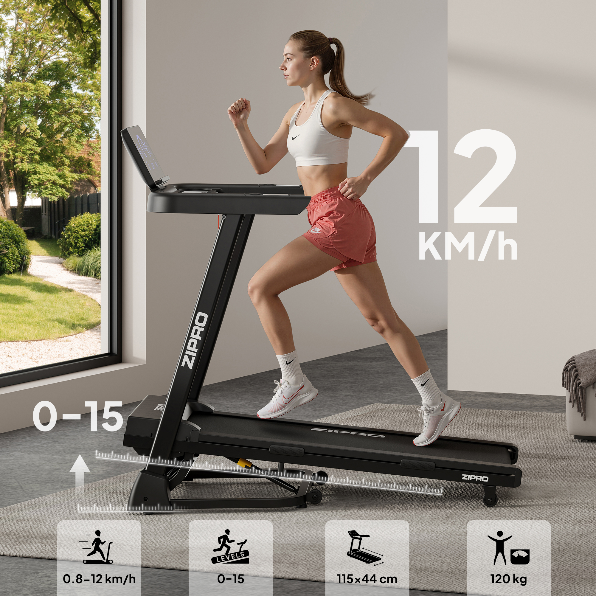 Eine Frau rennt auf einem schwarzen Laufband. 12 km/h und 0-15 Stufen werden angezeigt.