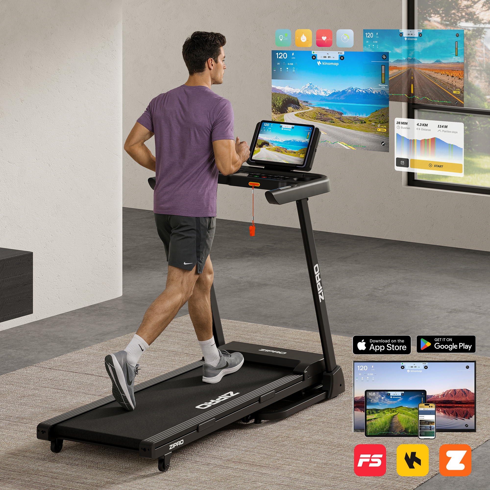 Mann läuft auf Laufband, Tablet zeigt Berglandschaft. Apps und Download-Buttons.