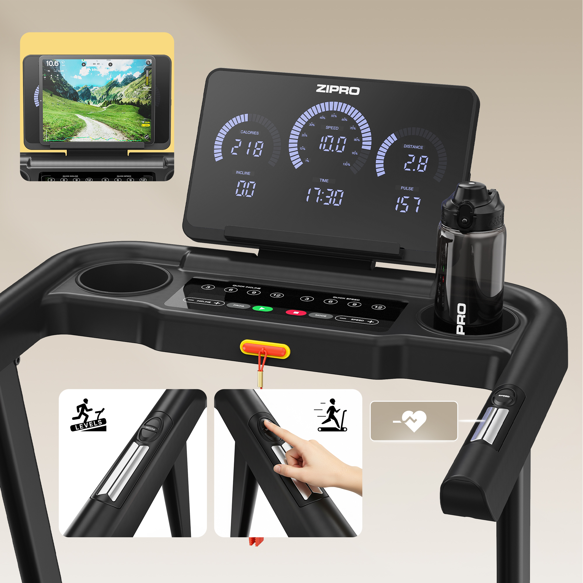 Ein Laufband-Display mit Trainingsdaten, Tablet und Wasserflasche.