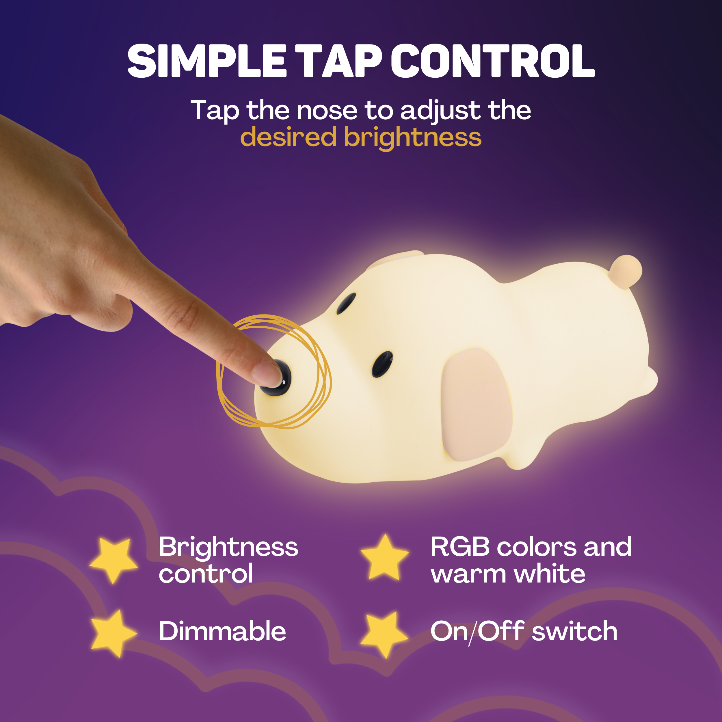 Eine Hand tippt auf die Nase einer leuchtenden Tierlampe. Helligkeit, Dimmbarkeit, RGB.