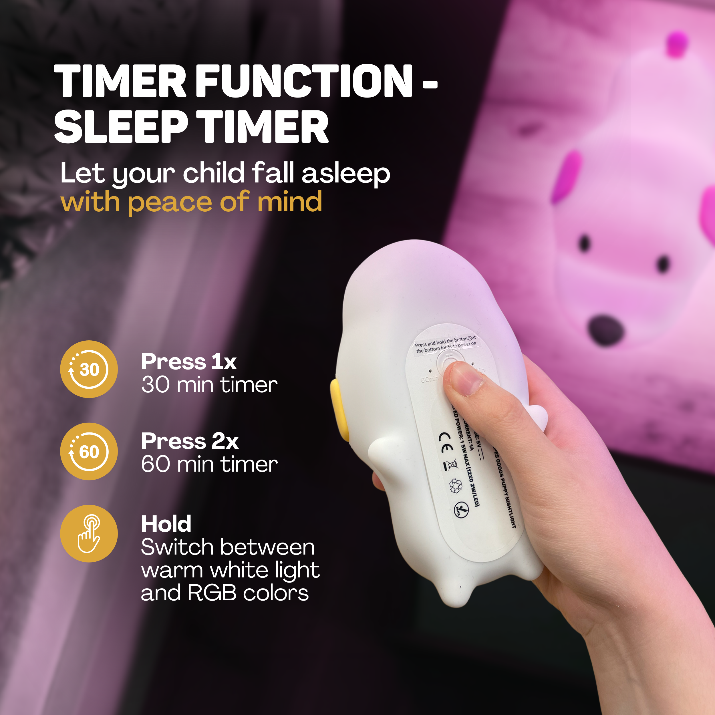 Ein weißes Nachtlicht in Hundform mit Timer-Funktion und RGB-Farben.