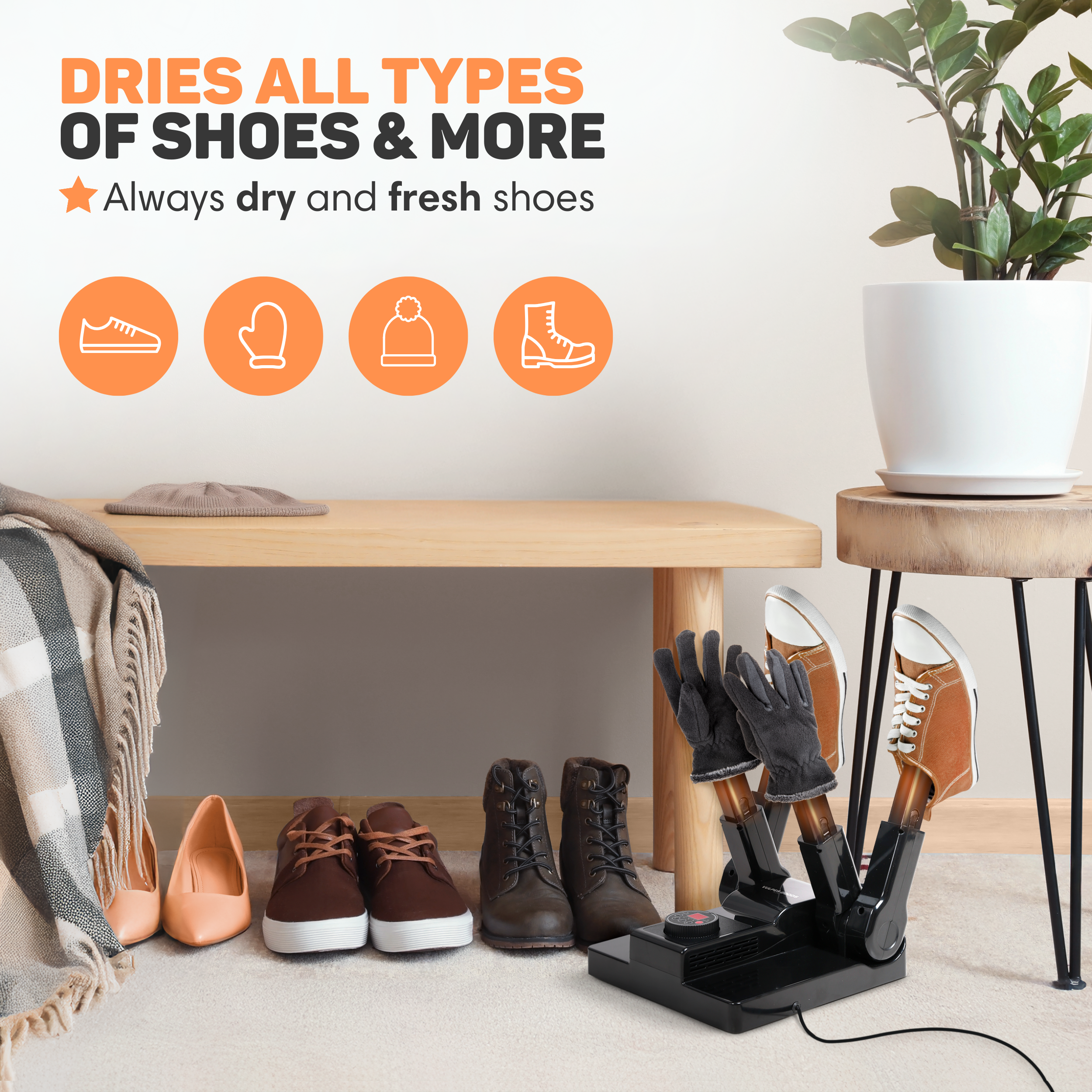 Shoe dryer with shoes, gloves, and boots on carpet. Includes icons.