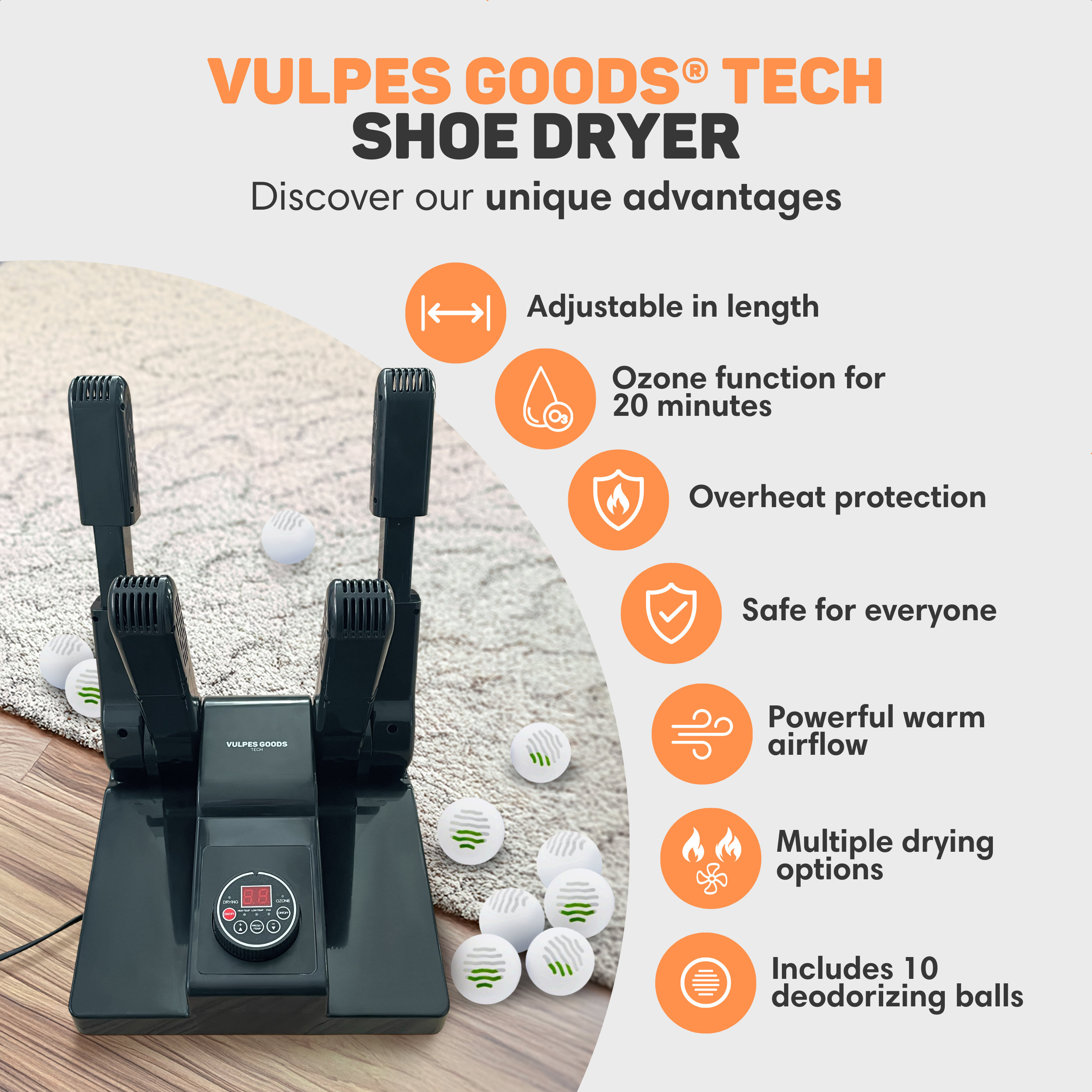 Shoe dryer with 10 deodorizing balls, adjustable, with ozone.