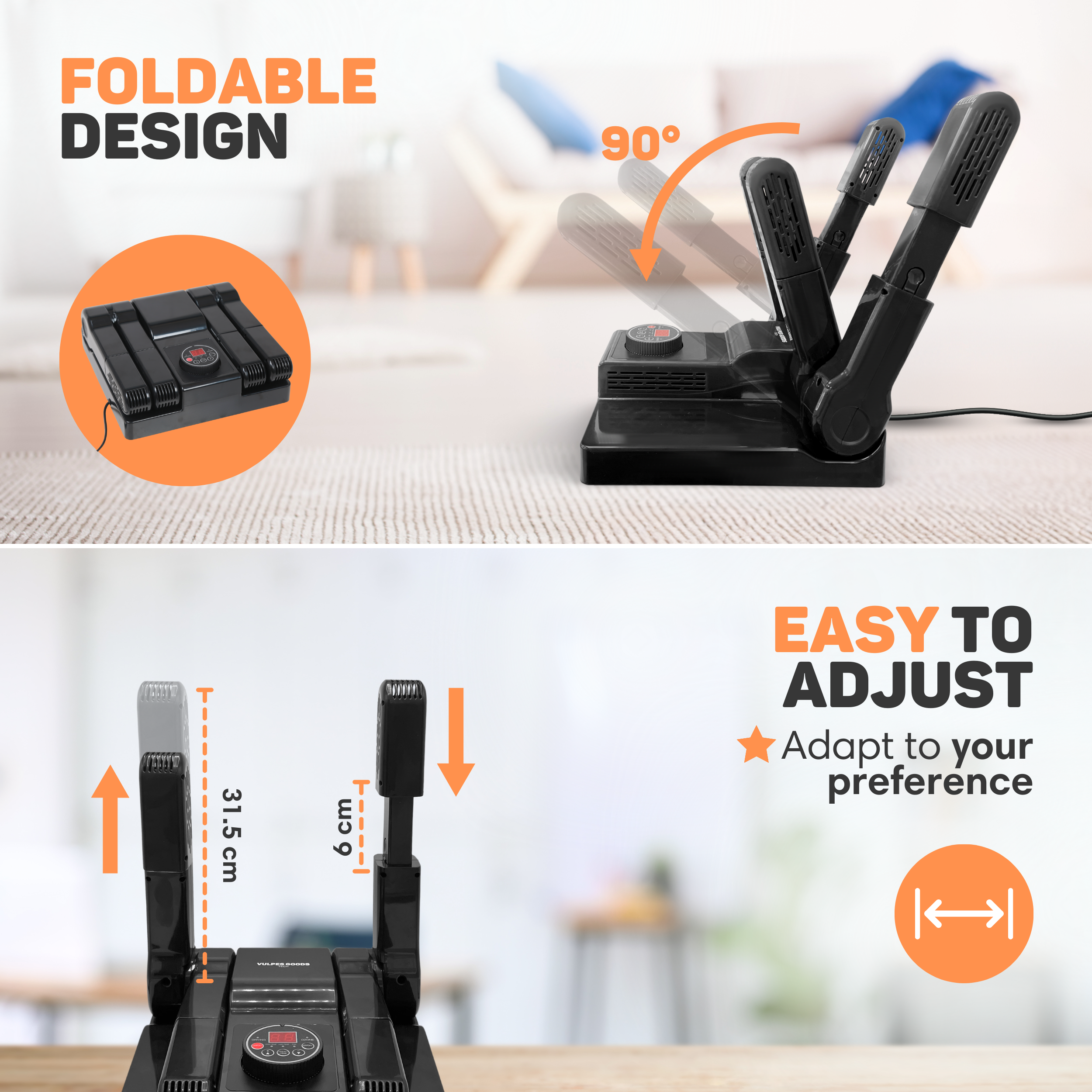 Black shoe dryer with foldable arms, adjustable to 90 degrees.