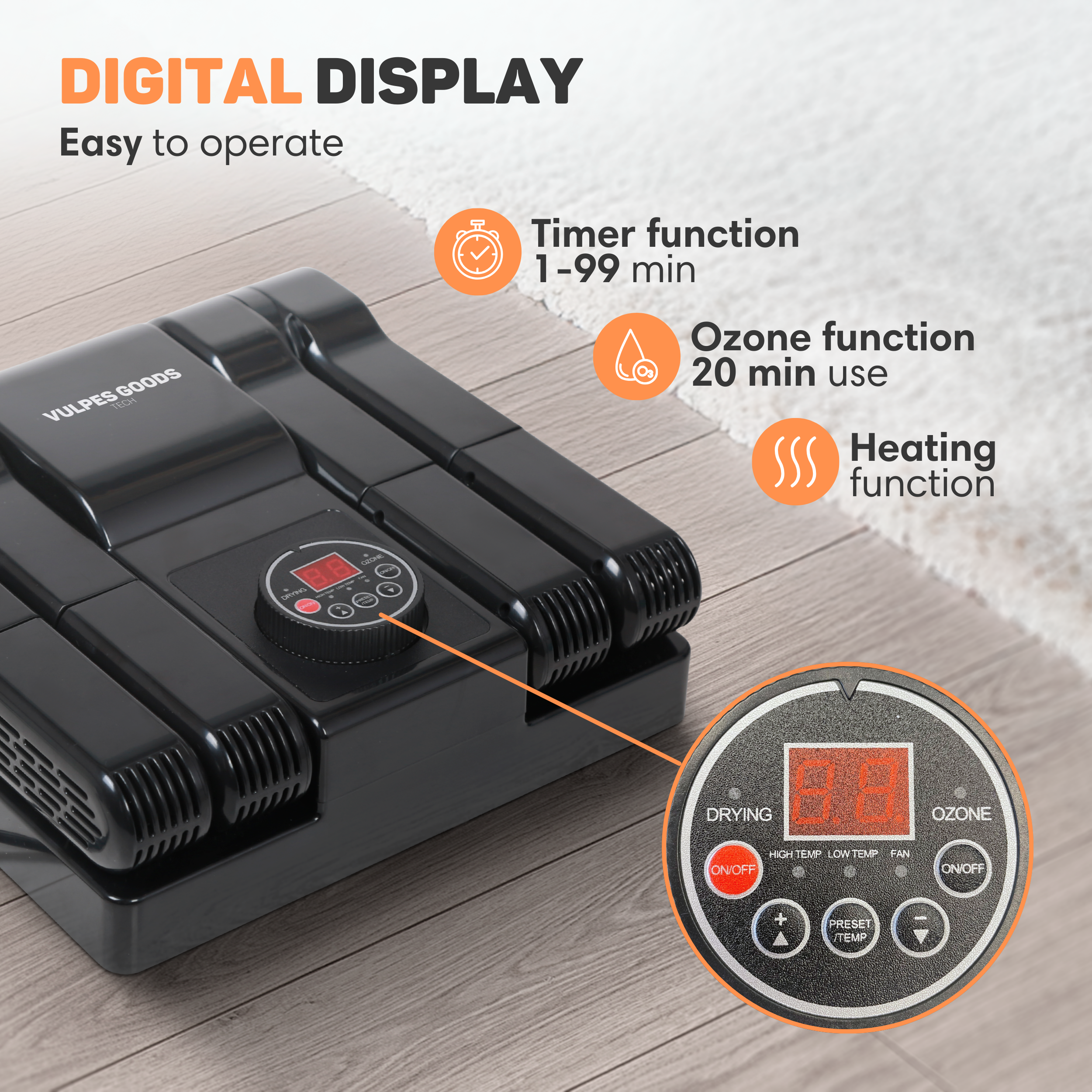 A black shoe dryer with digital display and functions.
