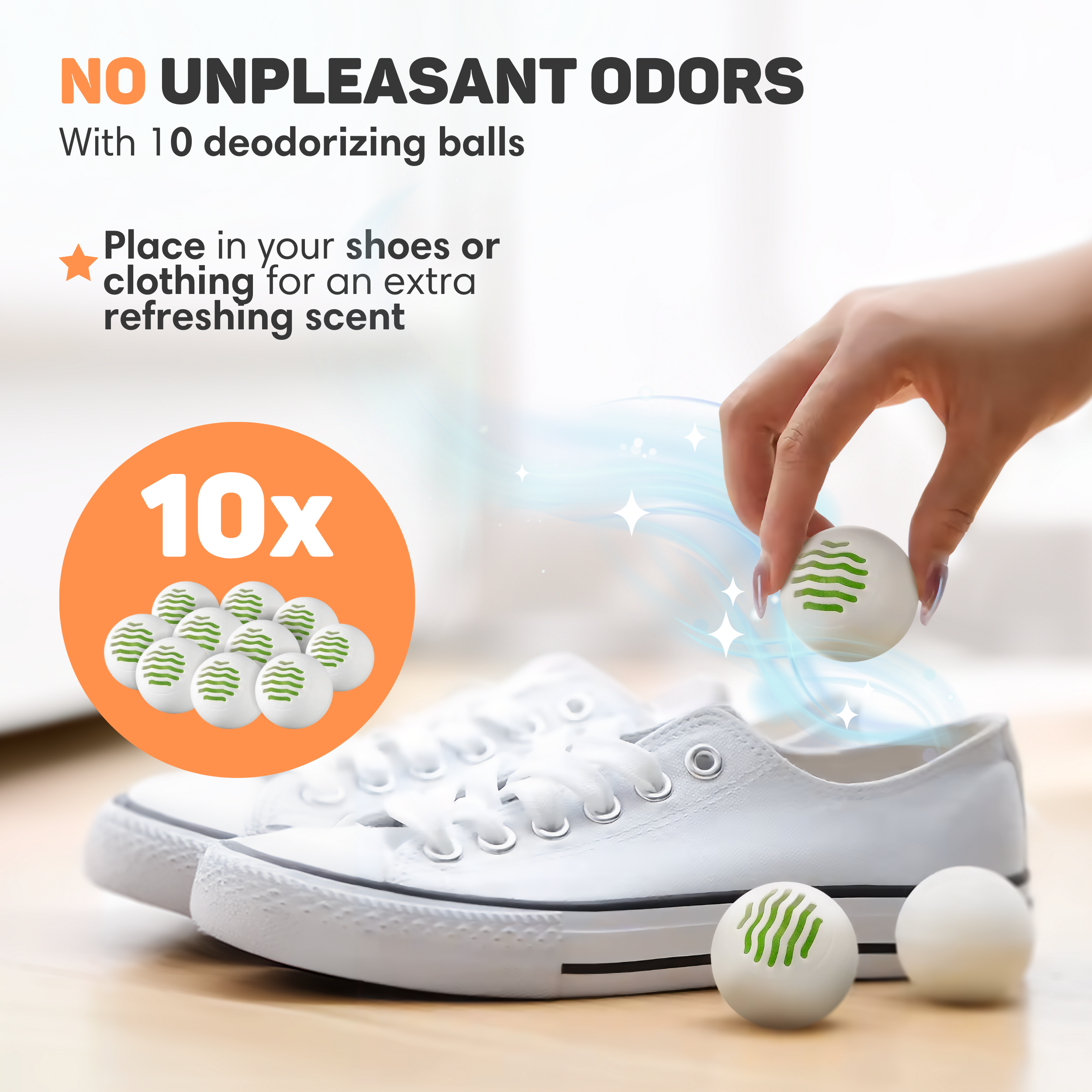 10 white deodorizing balls are placed into white sneakers.