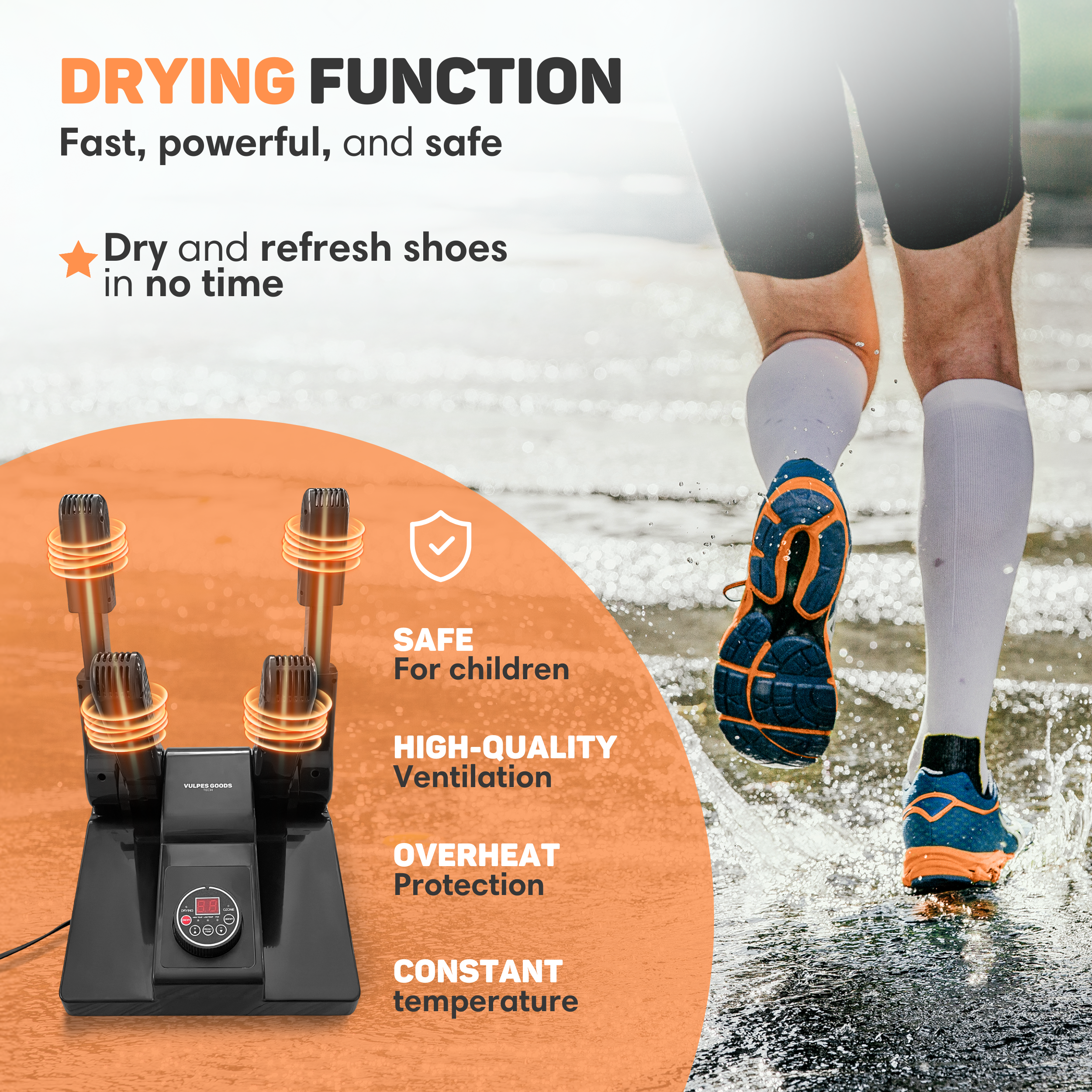 Shoe dryer with four nozzles next to a runner in wet clothing.