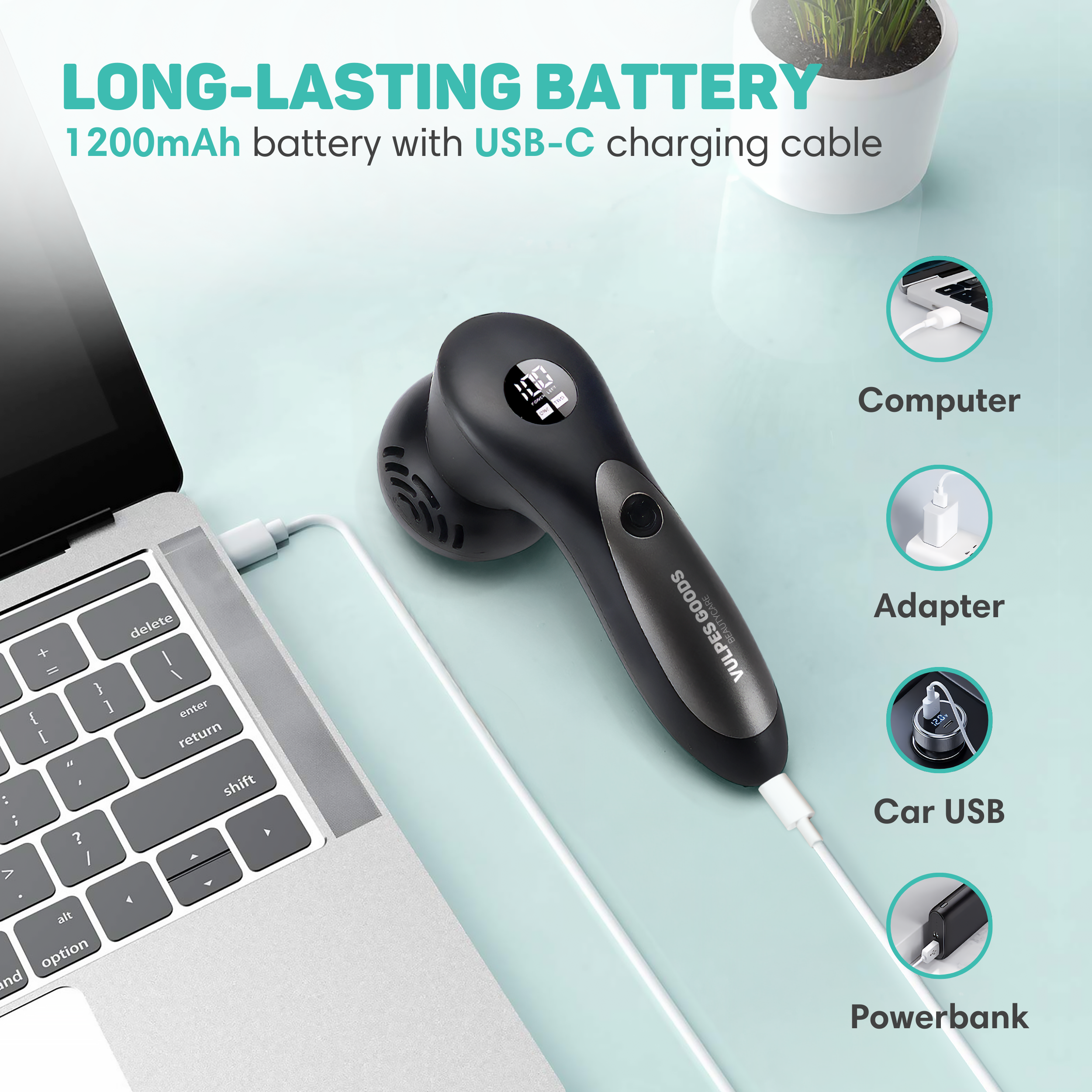 Schwarzes Gerät lädt über USB-C an Laptop. Texte: Lange Akkulaufzeit.