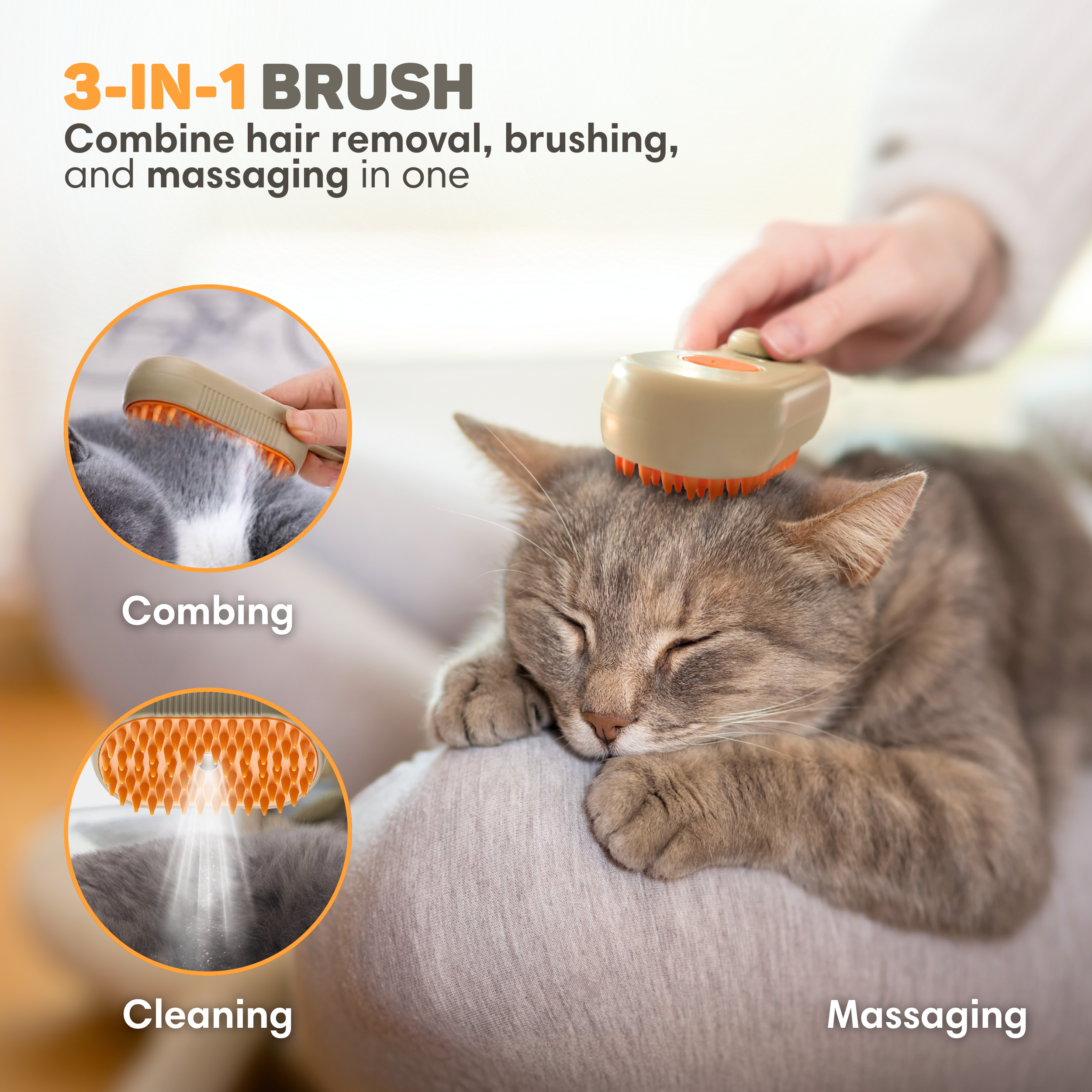 Eine Hand bürstet eine schlafende Katze mit einer 3-in-1-Bürste.