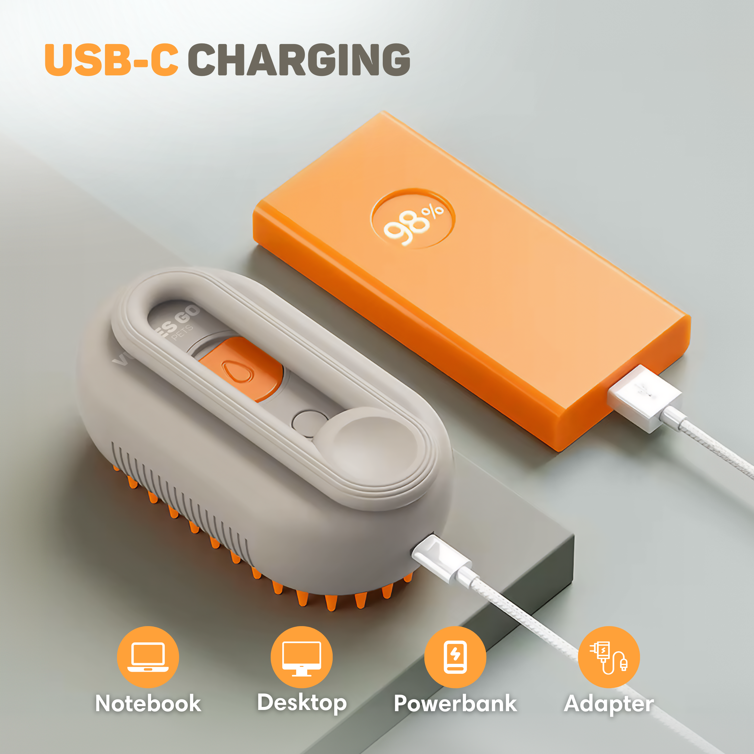 Graues und orangefarbenes USB-C-Ladegerät mit Powerbank und Kabel.