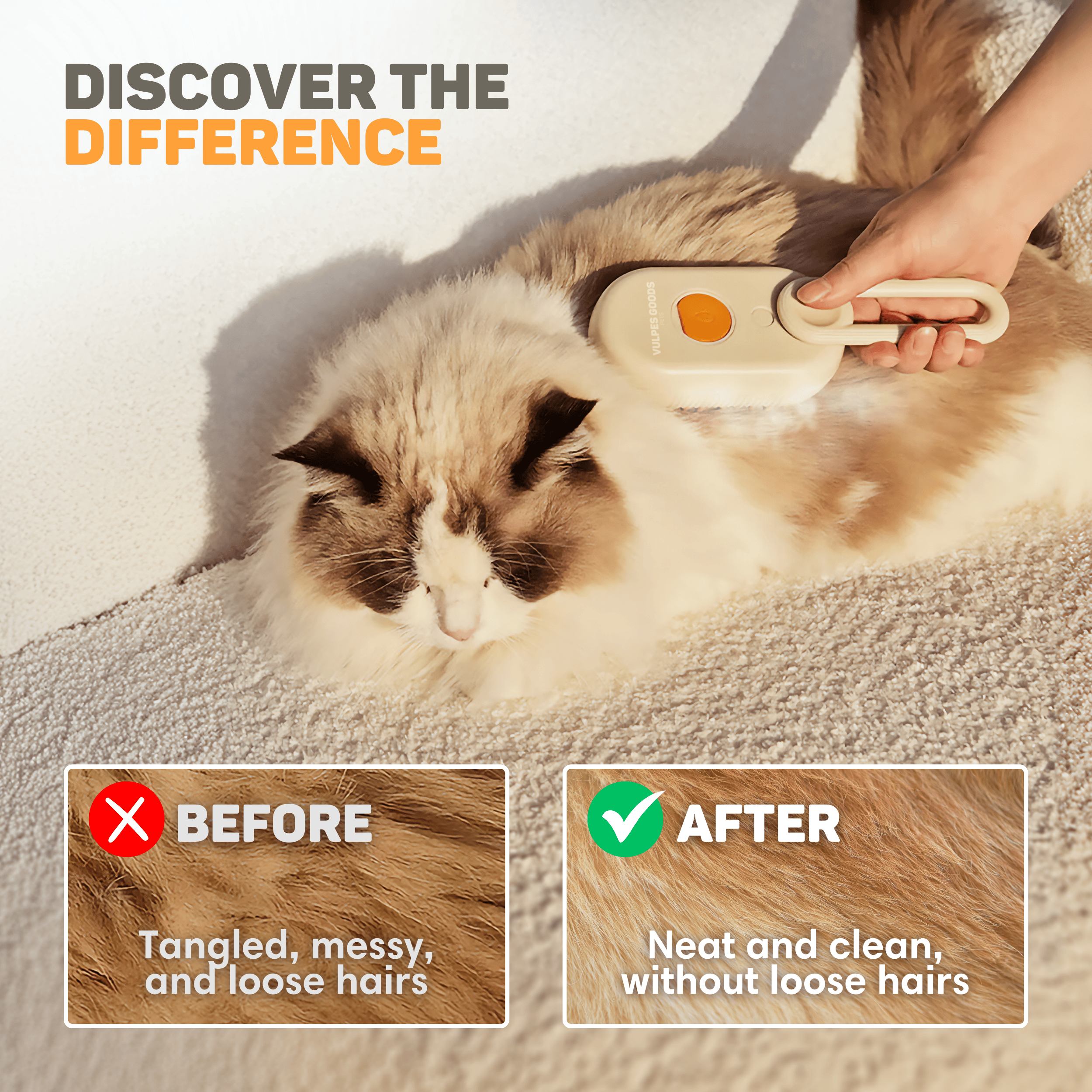 Vorher/Nachher-Vergleich einer Katze mit einem Pflegegerät, die zeigt, wie das Fell gebürstet wird.
