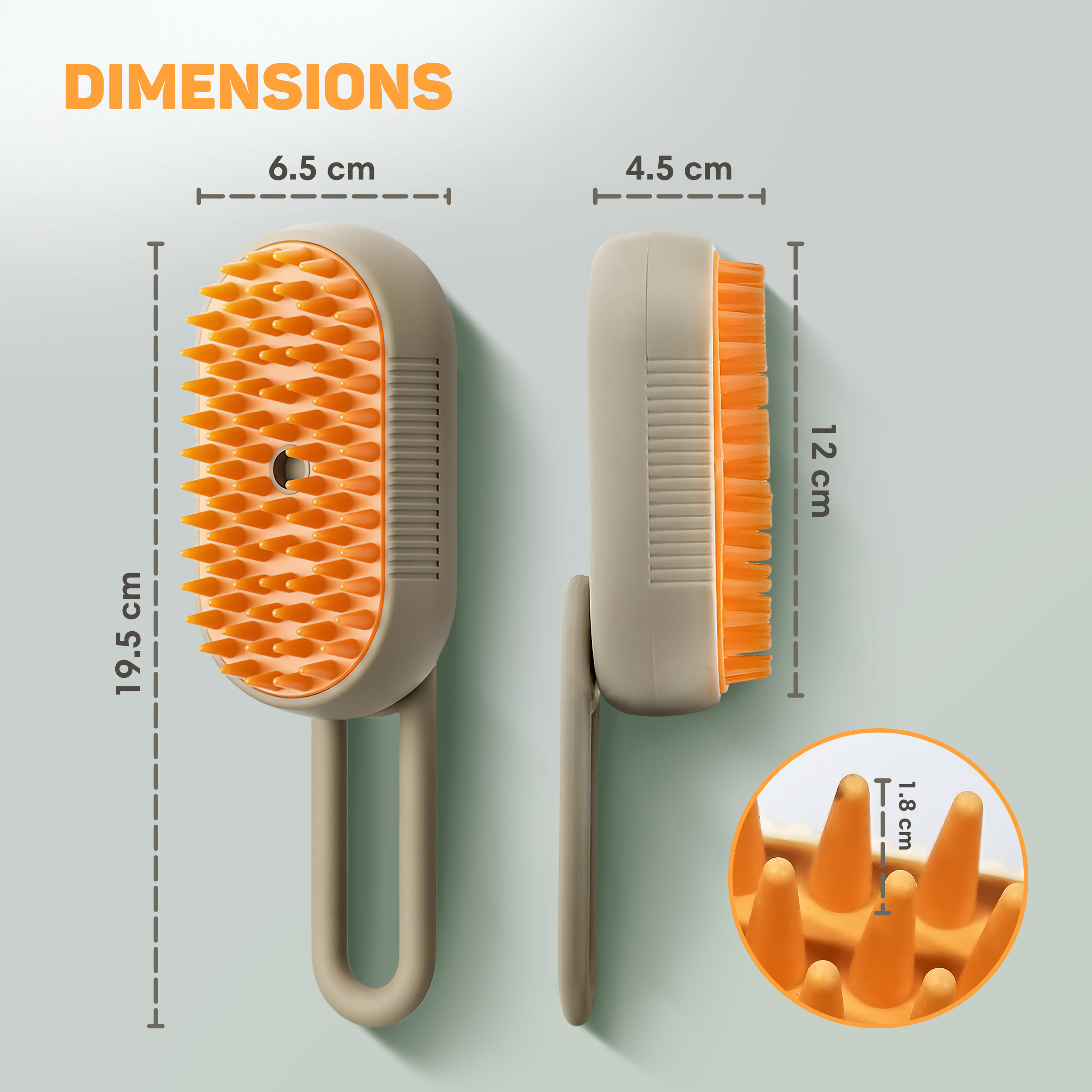 Ein orangefarbener Bürstenkopf mit beige Griff, Maße angezeigt.
