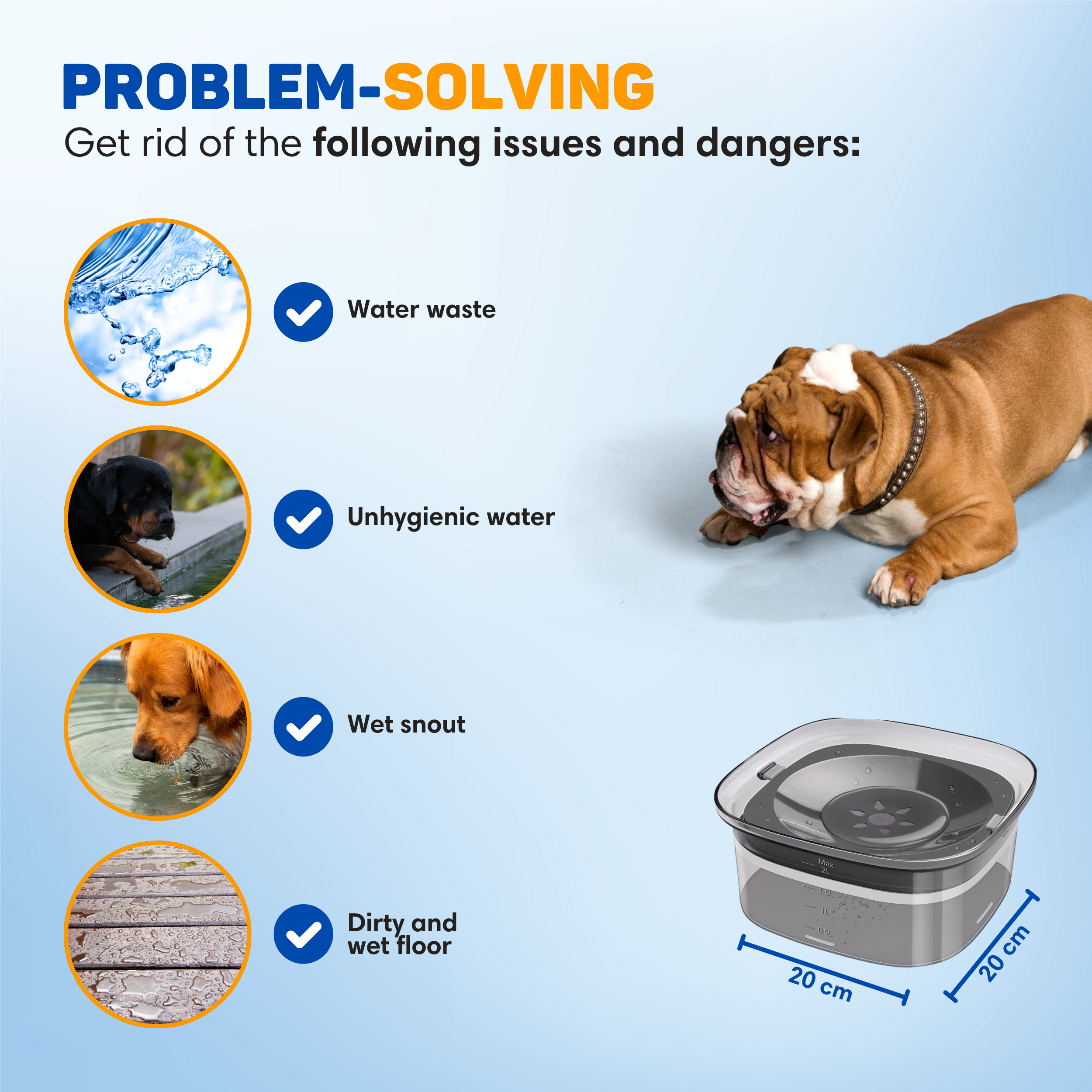 A dog lies near a water dispenser. Problems: water waste, unhygienic water, wet snout, dirty floor.