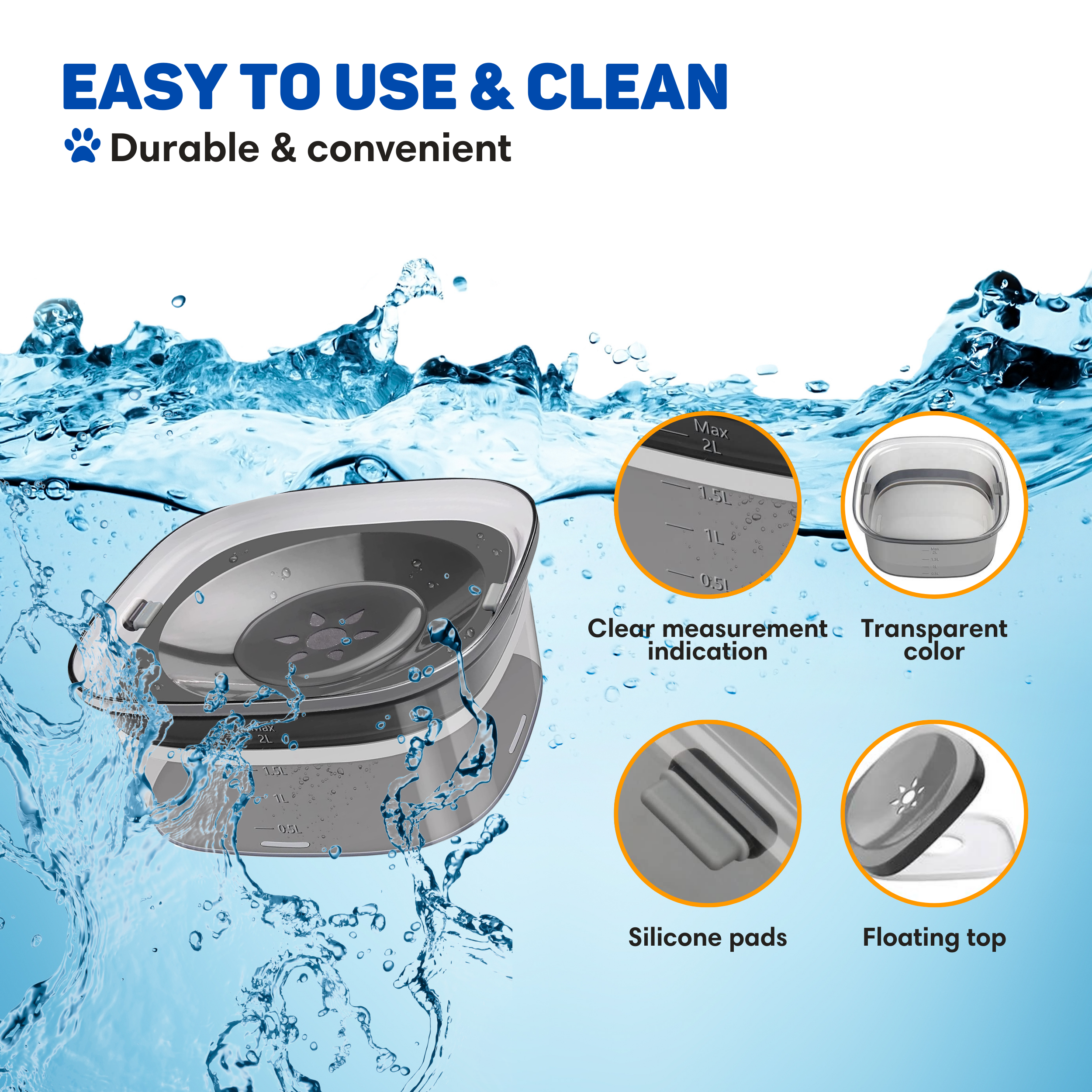 Gray pet bowl with water splashes and text labels for features.