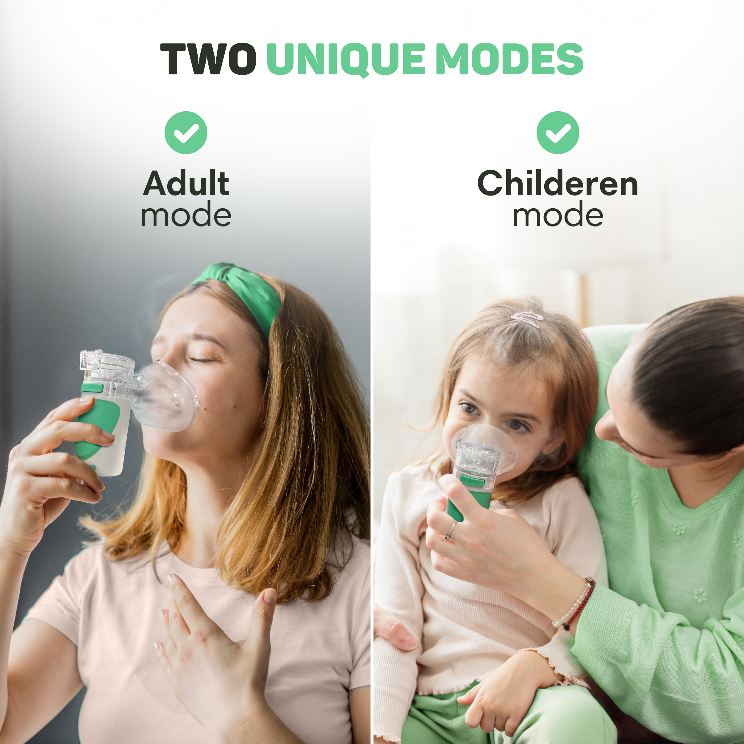 Vrouw en kind gebruiken vernevelaars: volwassen en kinderstanden.