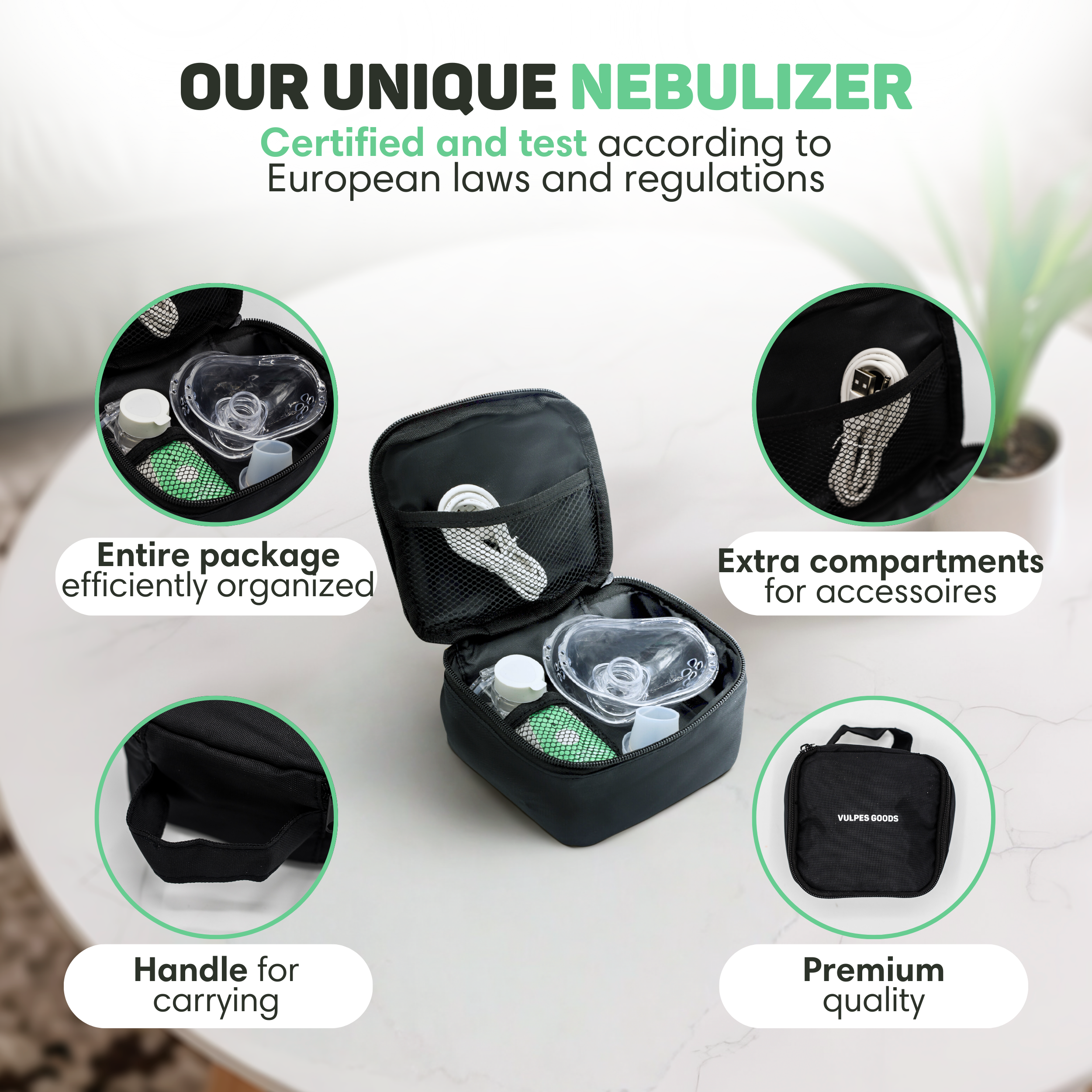 Een zwarte organizer voor een vernevelaar met accessoires, handvat en vakken.