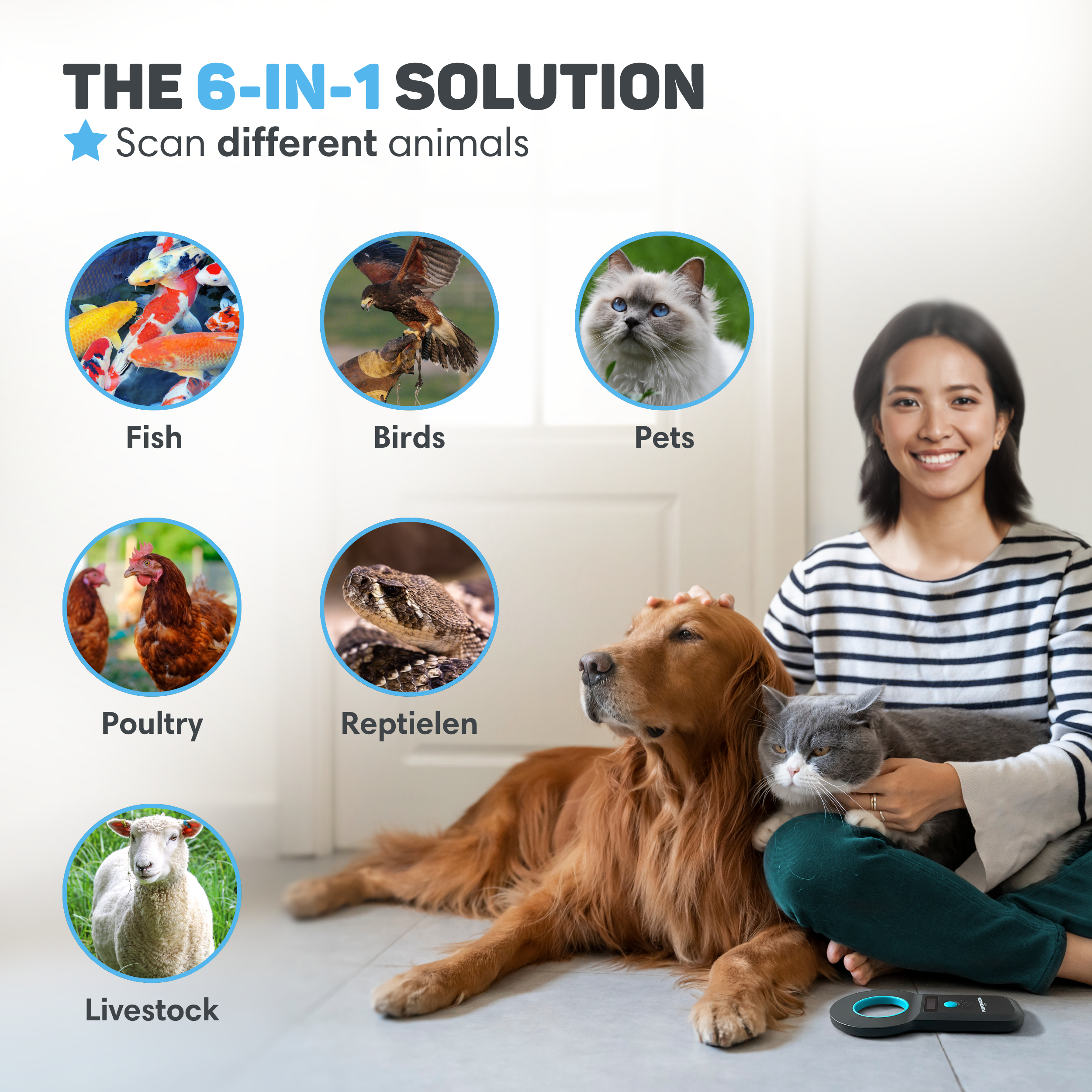 Woman with dog and cat, surrounded by animal images: fish, birds, pets, poultry, reptiles, livestock.