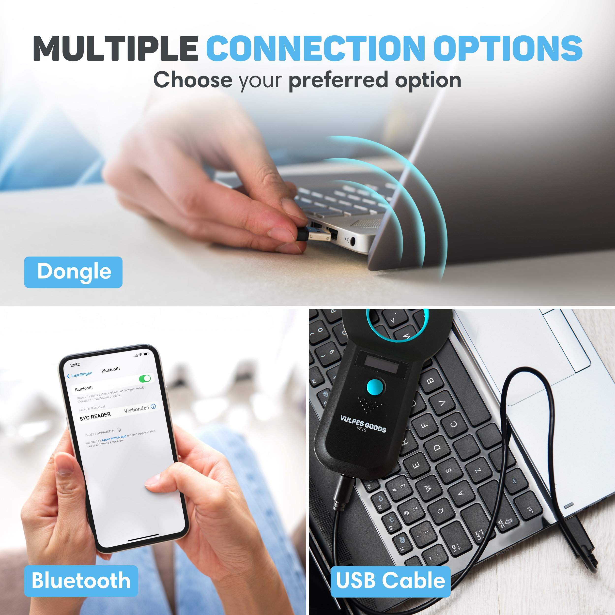 Illustration of Dongle, Bluetooth, and USB Cable connection options.