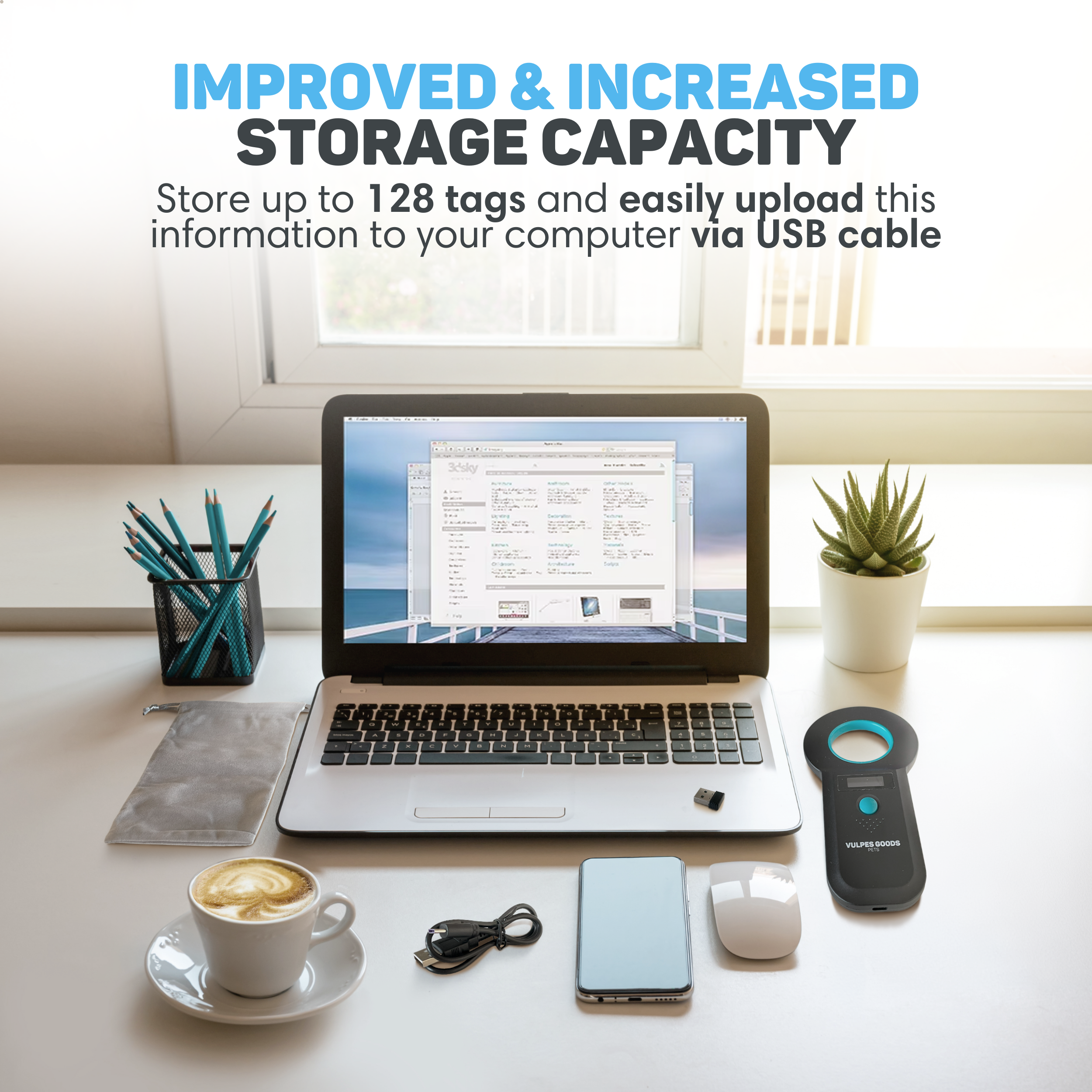 A laptop, mouse, phone, cable, coffee, and a tag reader on a desk.