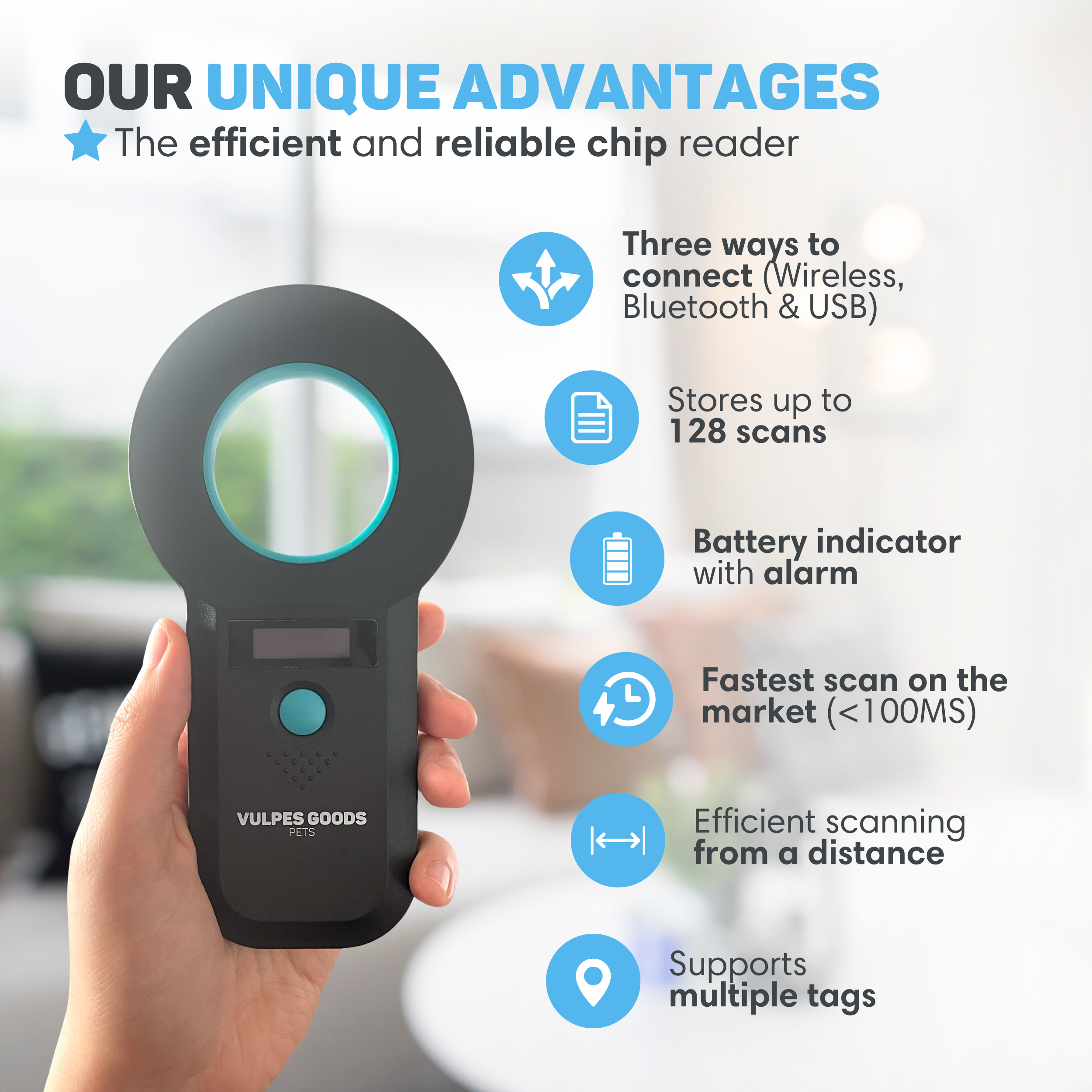 A handheld chip reader with blue icons and text listing advantages.