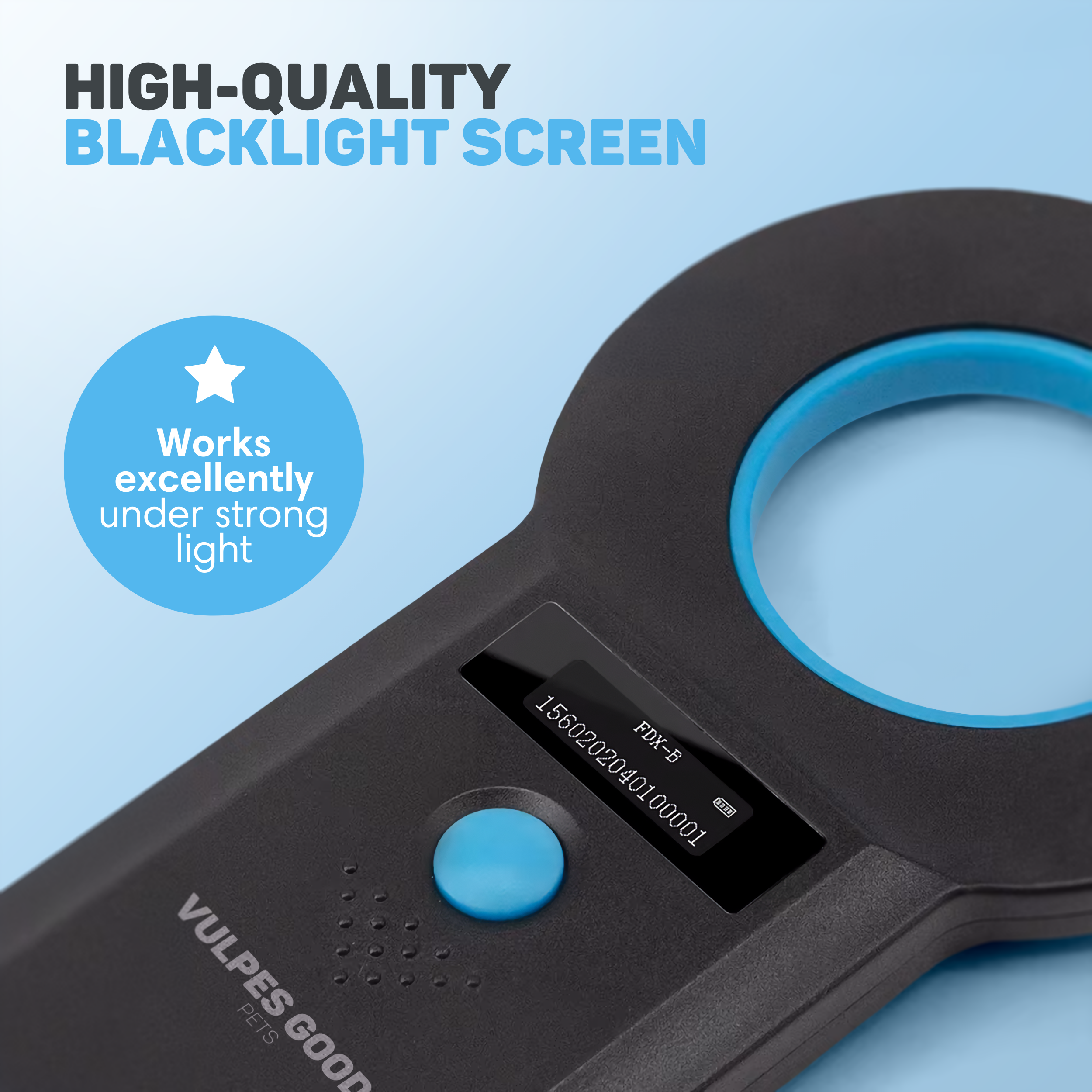 Black device with blue ring, screen and button. Text at top.