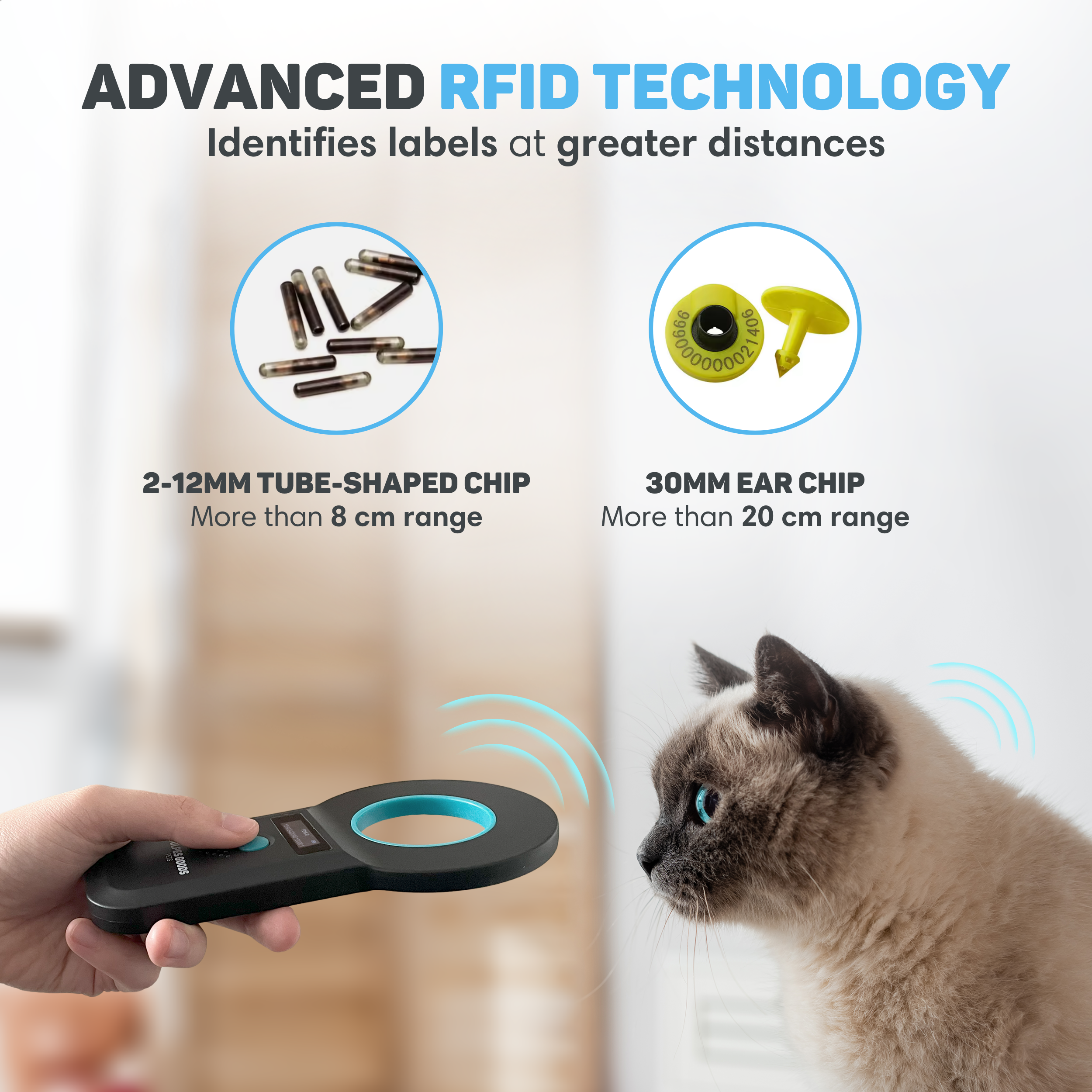 A scanner reads an RFID chip on a cat. "Advanced RFID Technology".