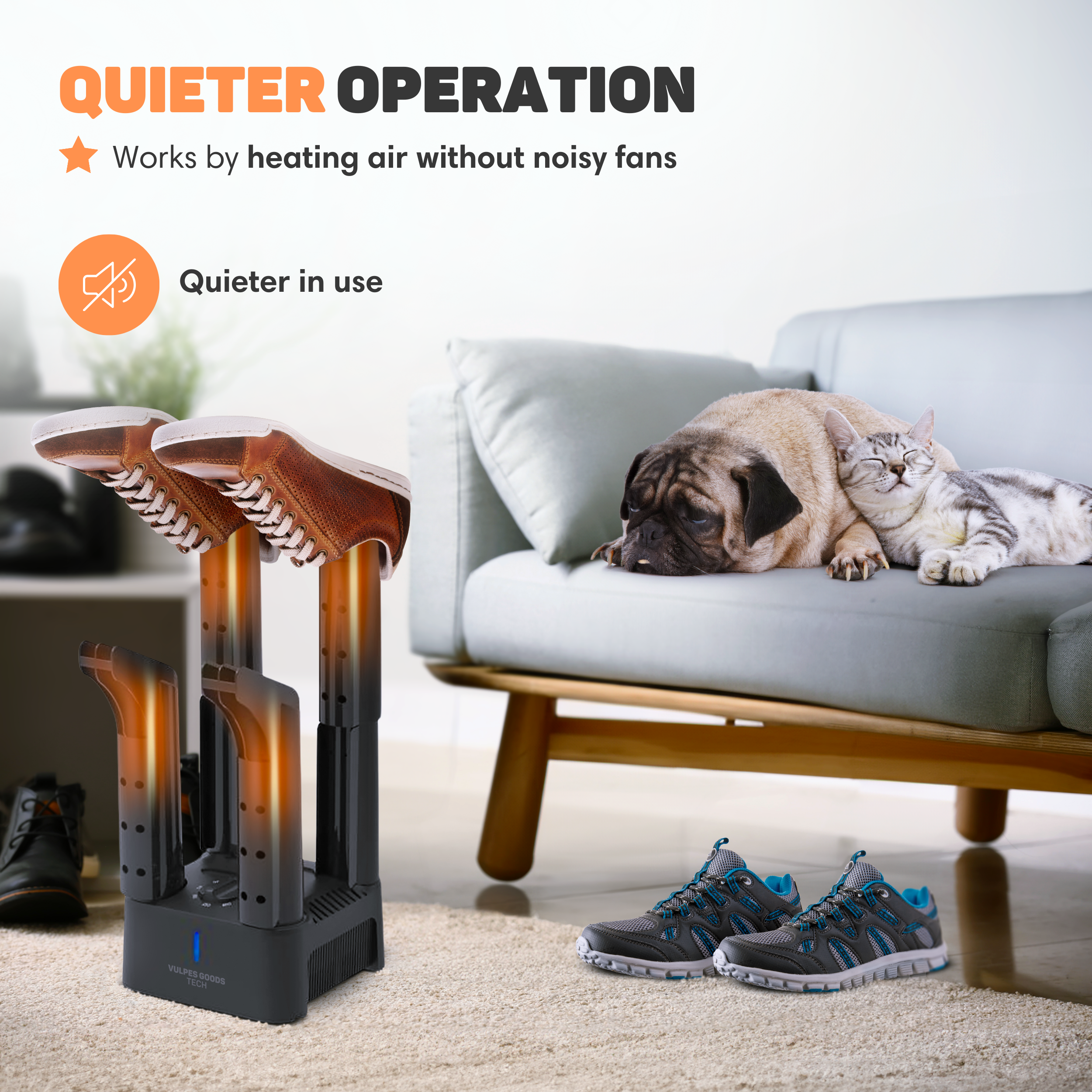 Shoe dryer met bruine leren schoenen en een hond met kat op de bank.