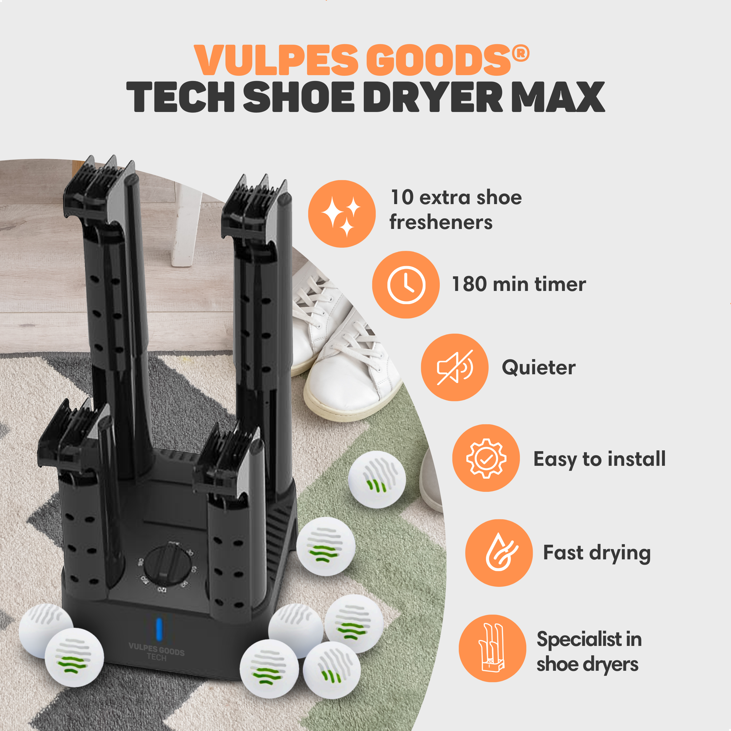 Droger voor schoenen met 10 fresheners, timer, stil, eenvoudig te installeren.