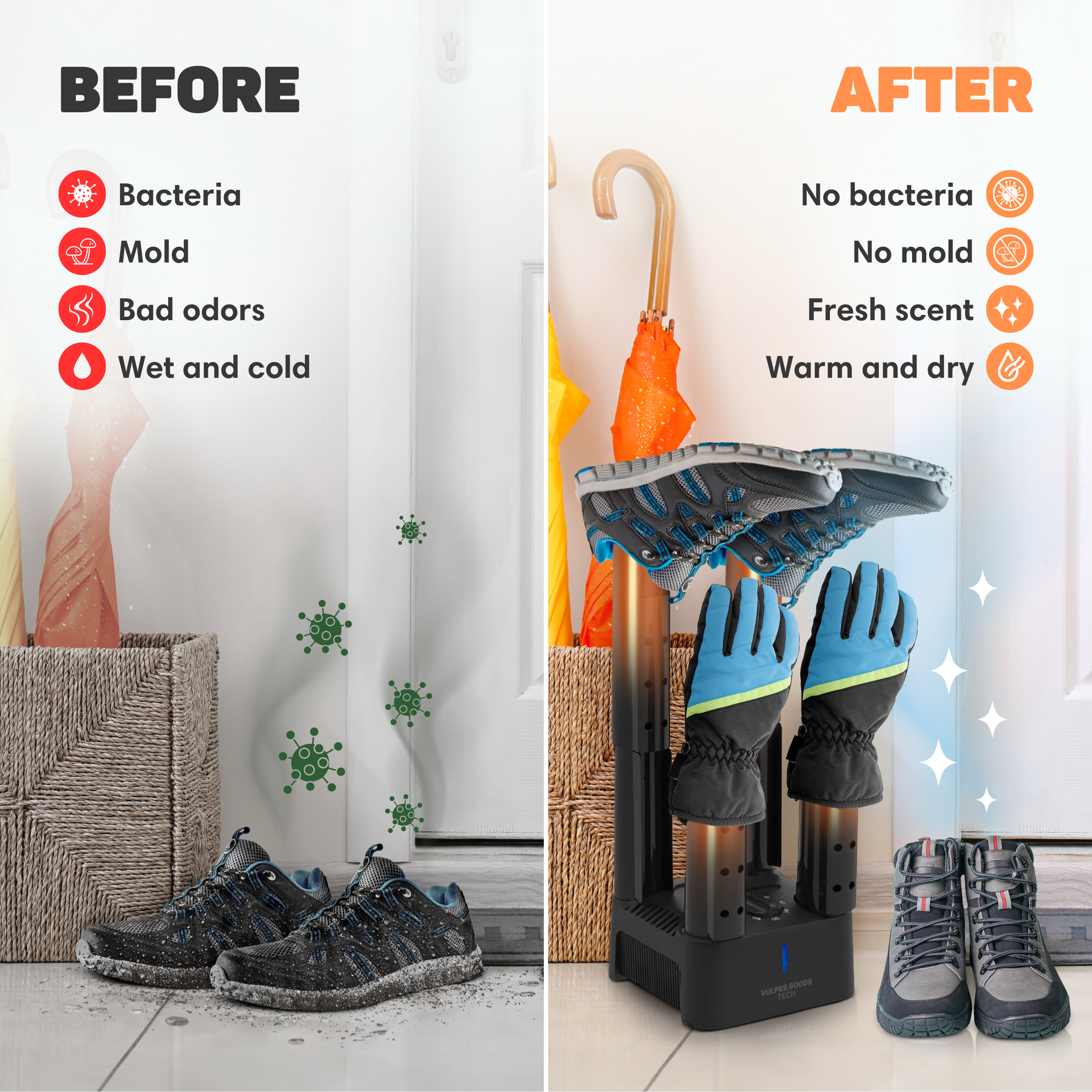 Voor: natte schoenen. Na: droger droogt schoenen en handschoenen.