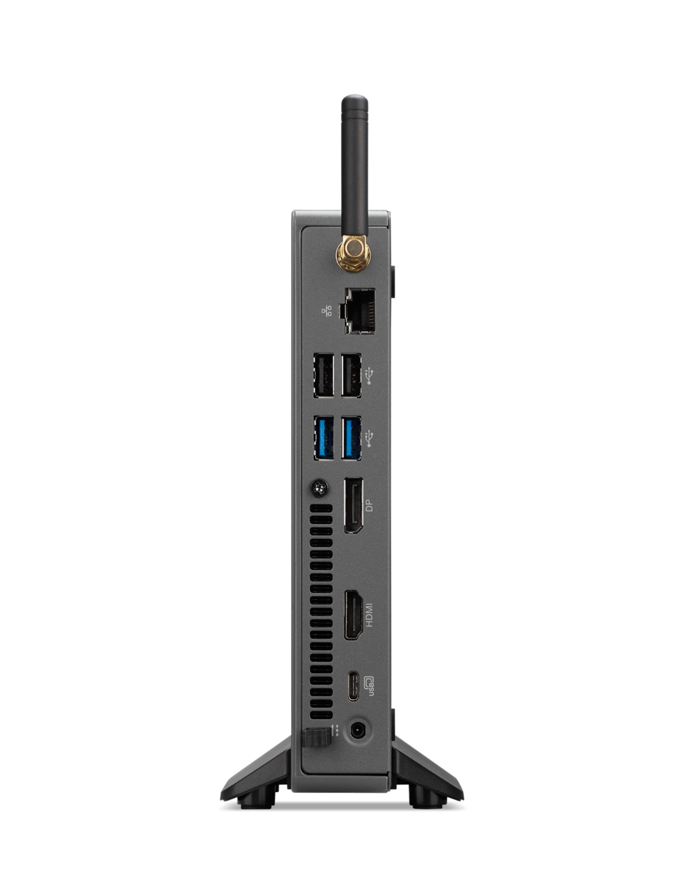 Mini PC grigio con antenna, porte USB, Ethernet, DP e HDMI.