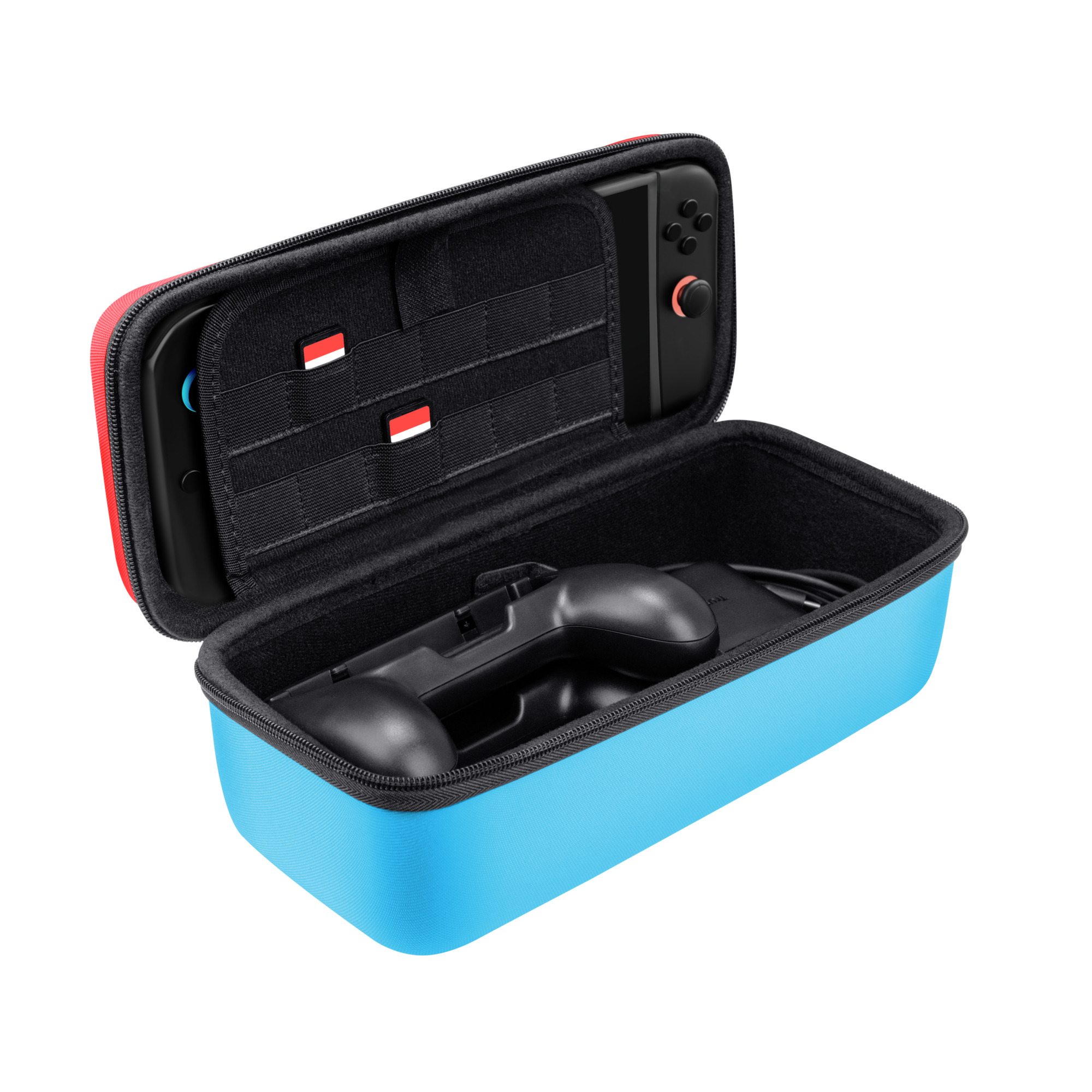 Een blauw en rood etui met open deksel, met een zwarte controller en een spelcomputeronderdeel.