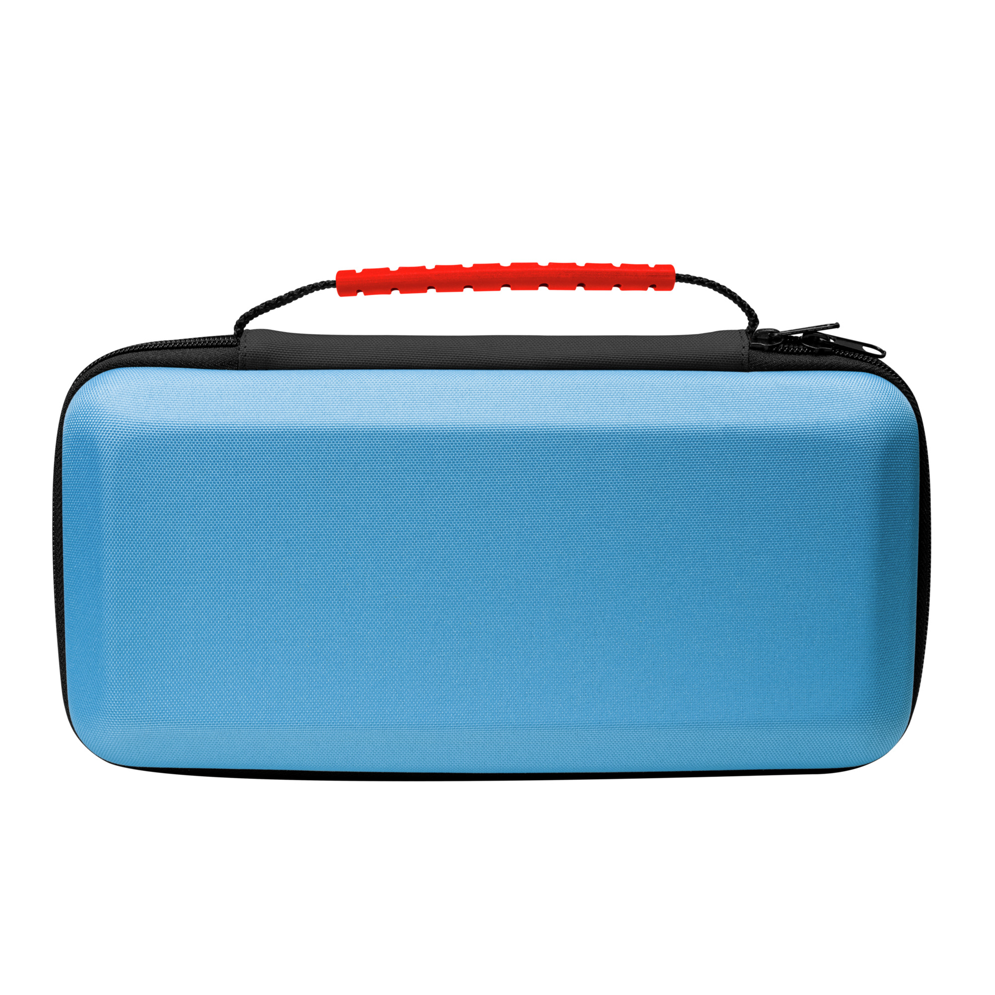 Een blauwe draagtas met een rood handvat en zwarte rits.