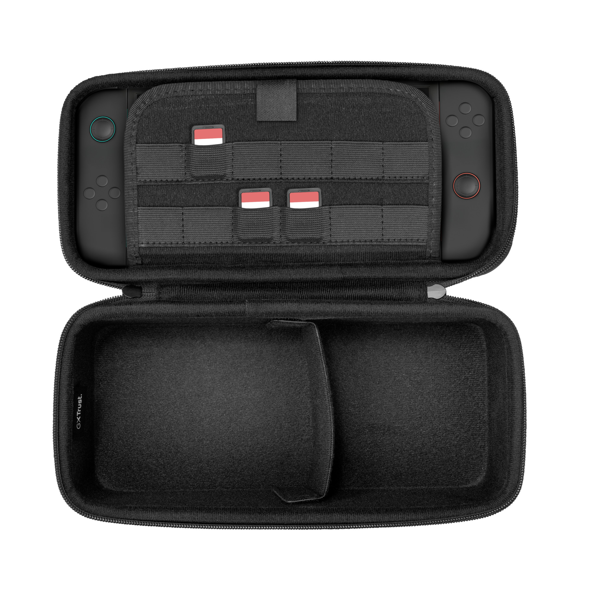 Zwarte gameconsole hoes met vakken voor spellen en accessoires.